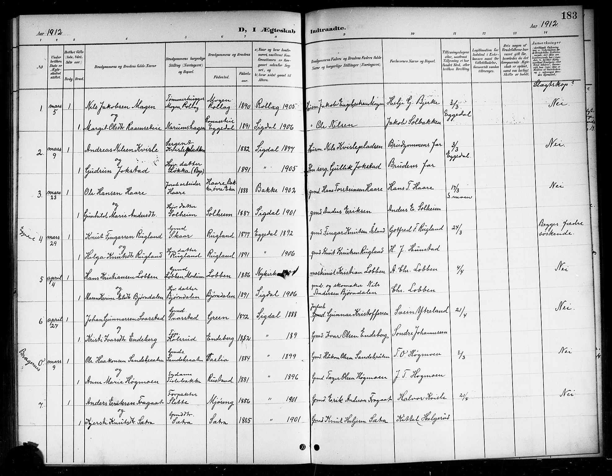 Sigdal kirkebøker, AV/SAKO-A-245/G/Ga/L0006: Parish register (copy) no. I 6, 1901-1916, p. 183
