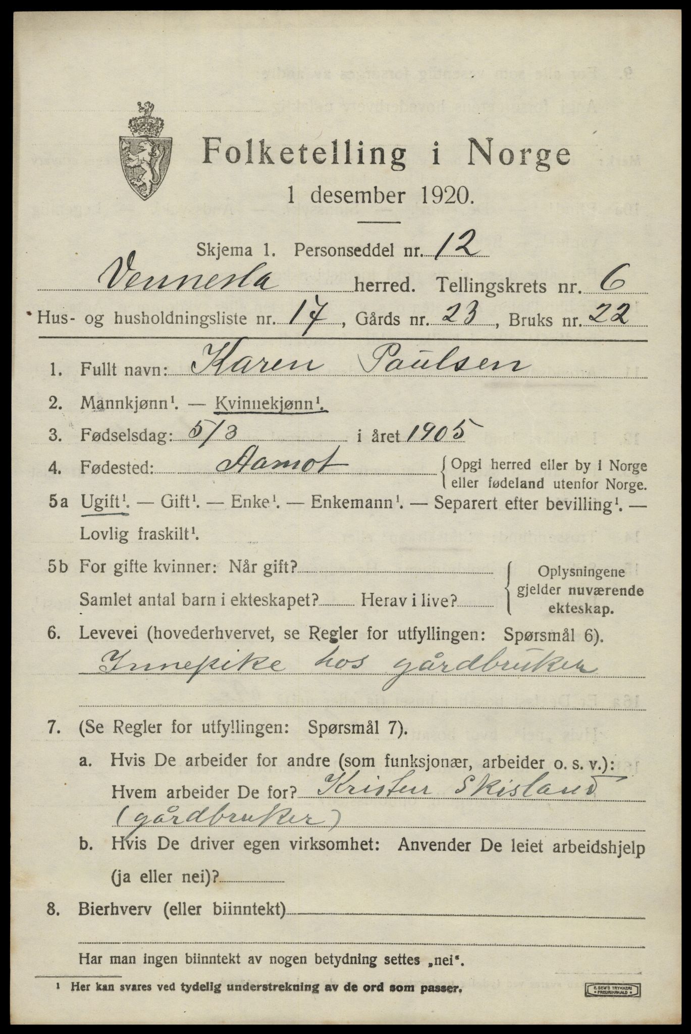 SAK, 1920 census for Vennesla, 1920, p. 4526