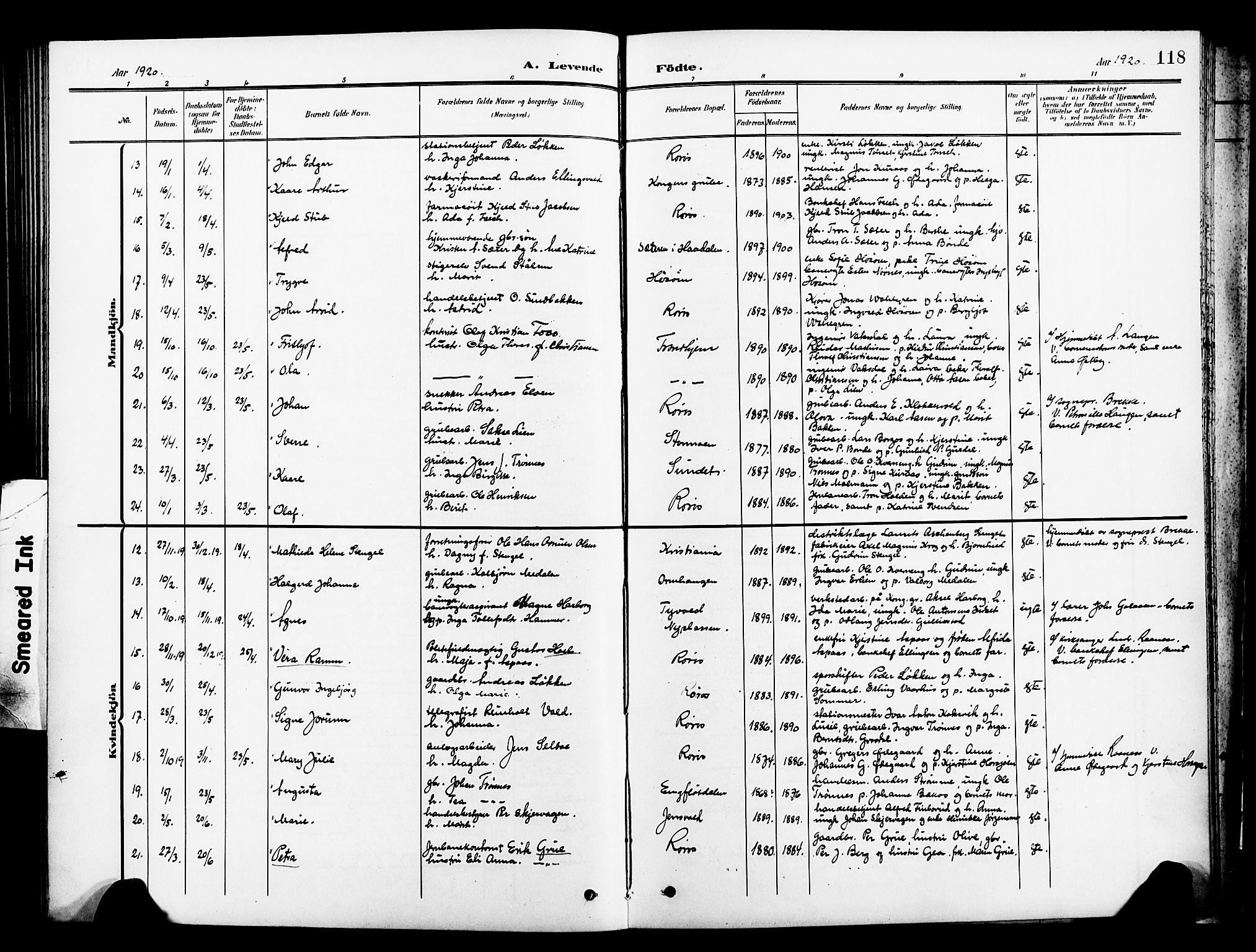 Ministerialprotokoller, klokkerbøker og fødselsregistre - Sør-Trøndelag, SAT/A-1456/681/L0942: Parish register (copy) no. 681C06, 1906-1925, p. 118