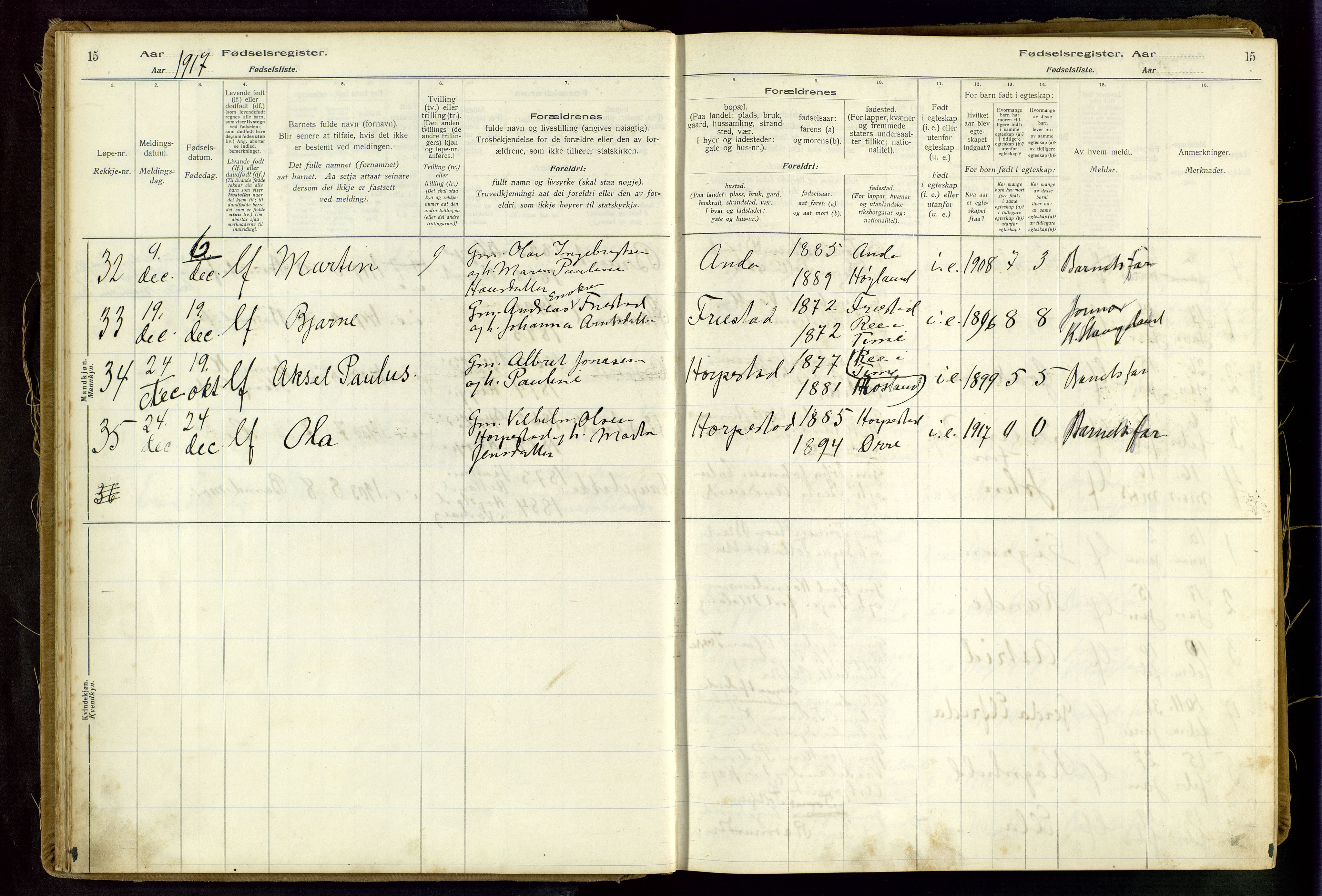 Klepp sokneprestkontor, AV/SAST-A-101803/001/704BAA/L0001: Birth register no. 1, 1916-1948, p. 15