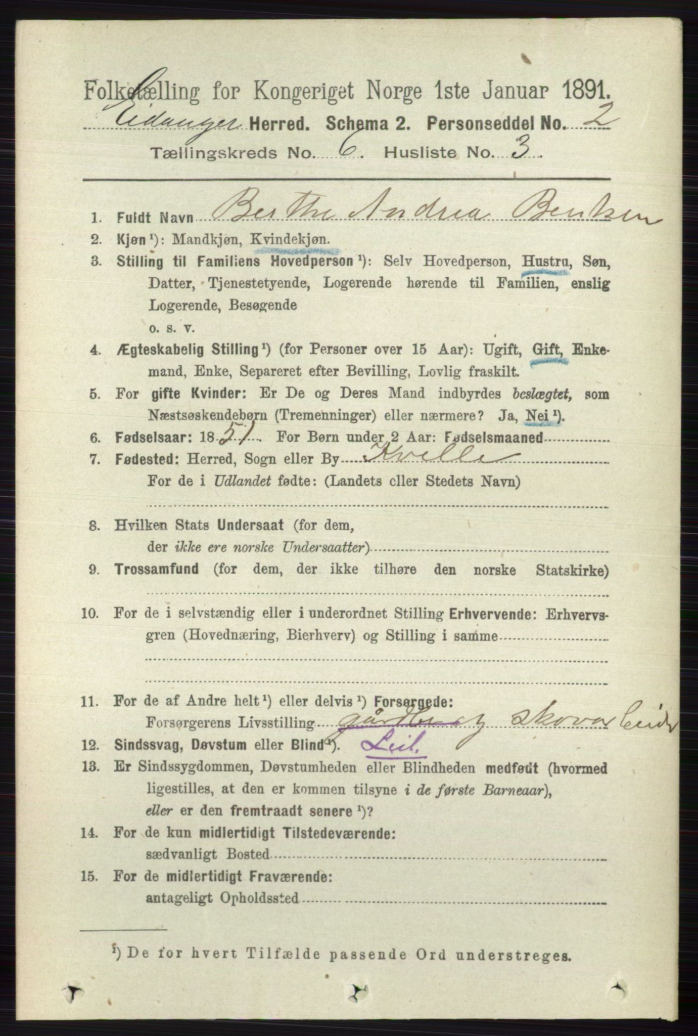 RA, 1891 census for 0813 Eidanger, 1891, p. 2578