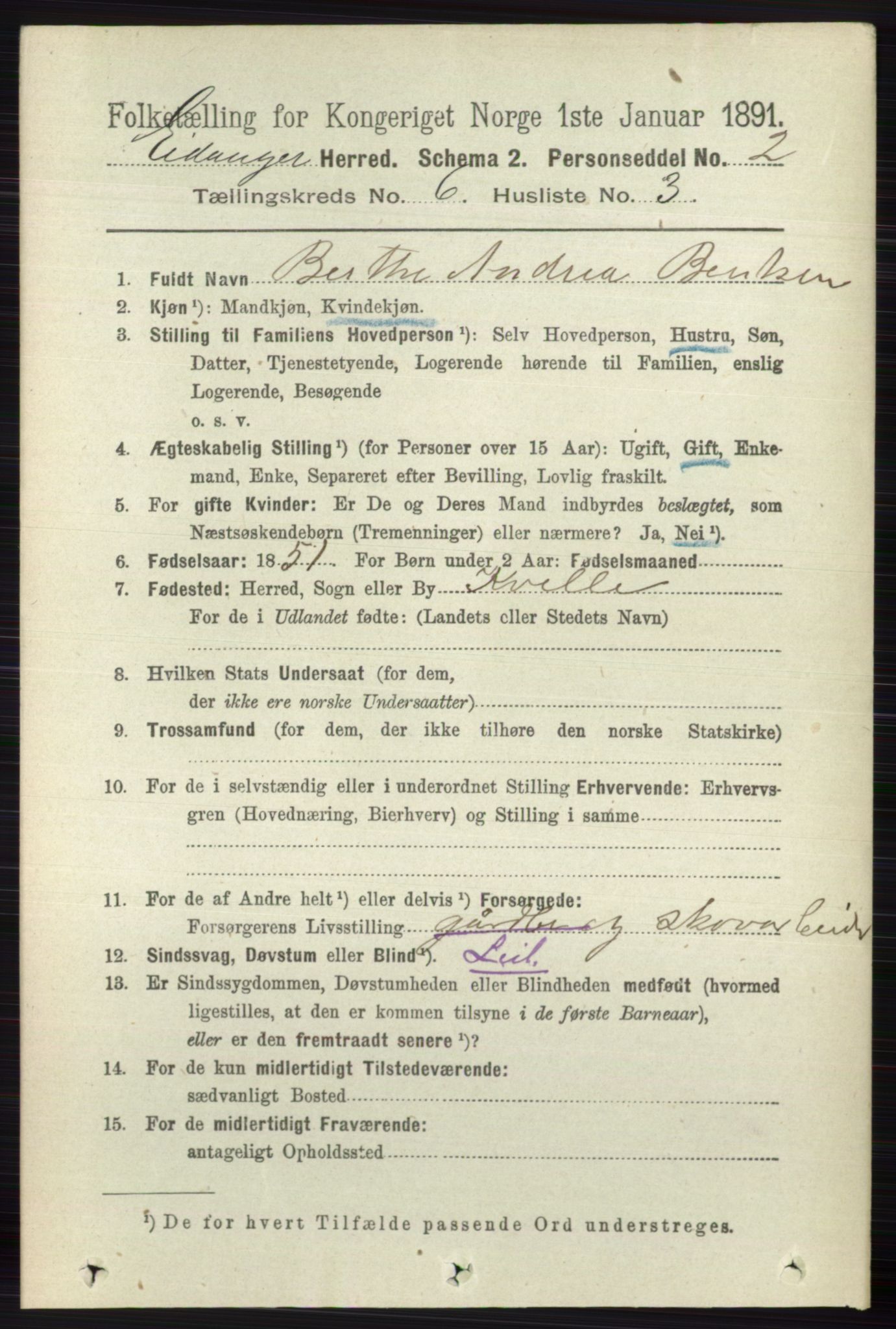 RA, 1891 census for 0813 Eidanger, 1891, p. 2578