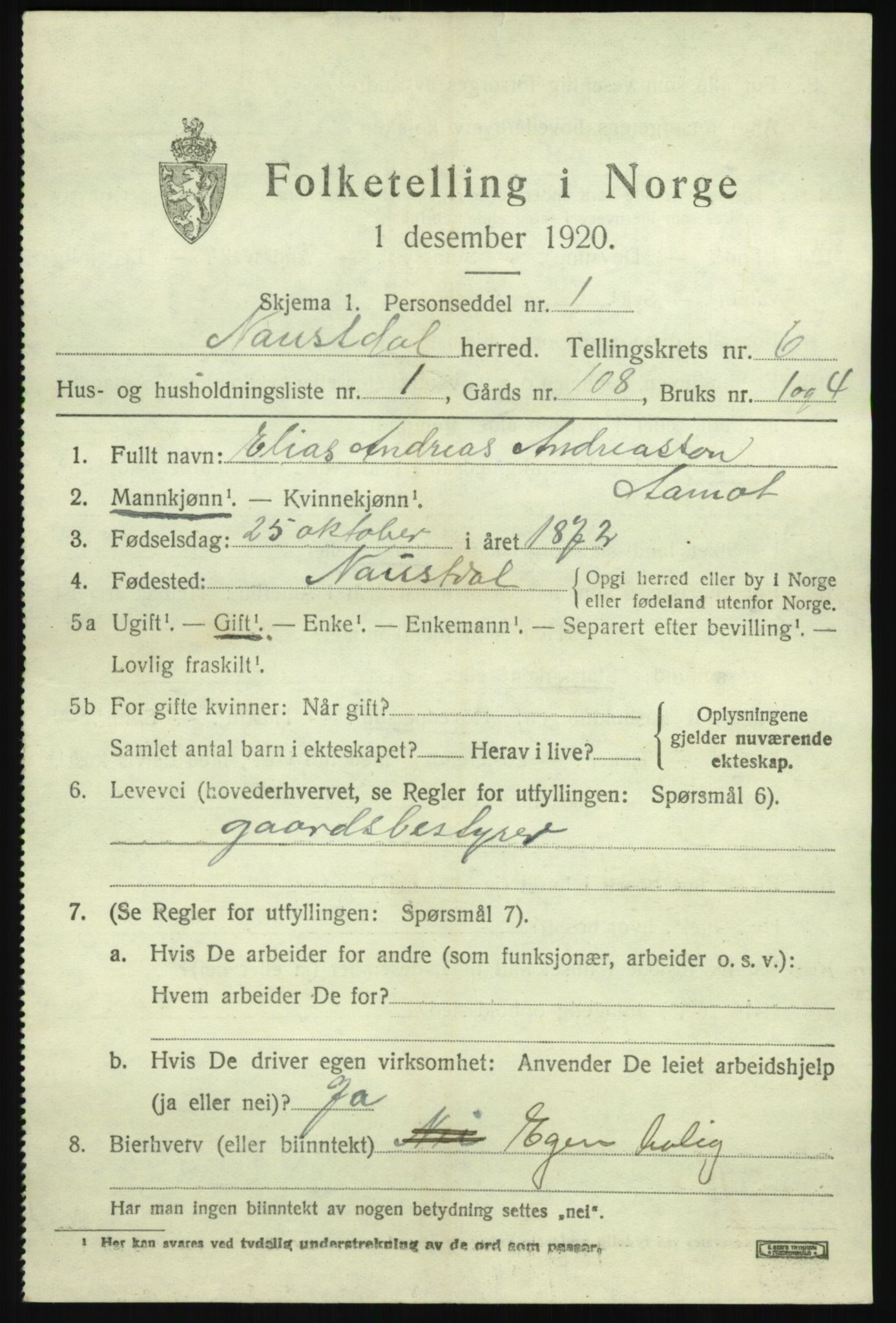 SAB, 1920 census for Naustdal, 1920, p. 3695