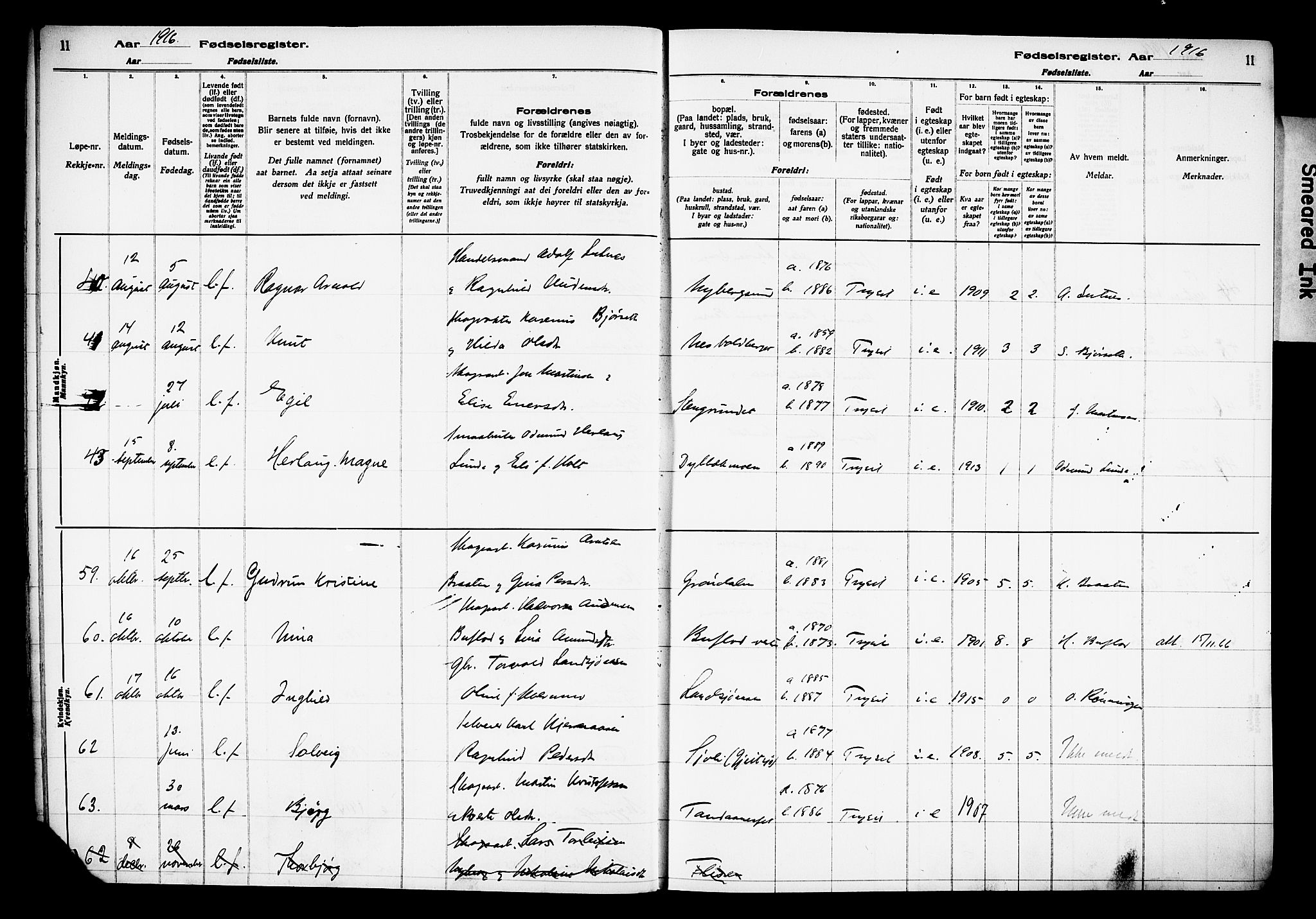 Trysil prestekontor, AV/SAH-PREST-046/I/Id/Ida/L0001: Birth register no. I 1, 1916-1927, p. 11