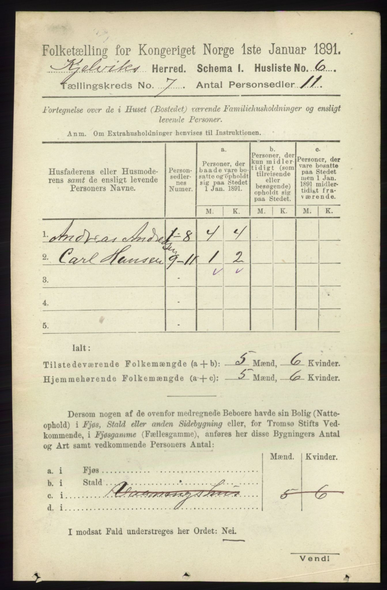 RA, 1891 census for 2019 Kjelvik, 1891, p. 851