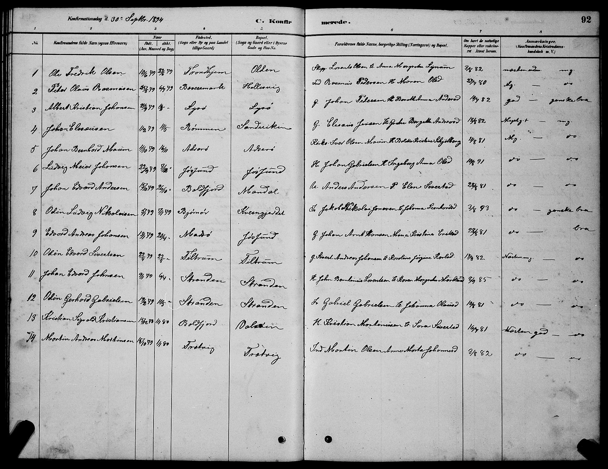 Ministerialprotokoller, klokkerbøker og fødselsregistre - Sør-Trøndelag, SAT/A-1456/654/L0665: Parish register (copy) no. 654C01, 1879-1901, p. 92