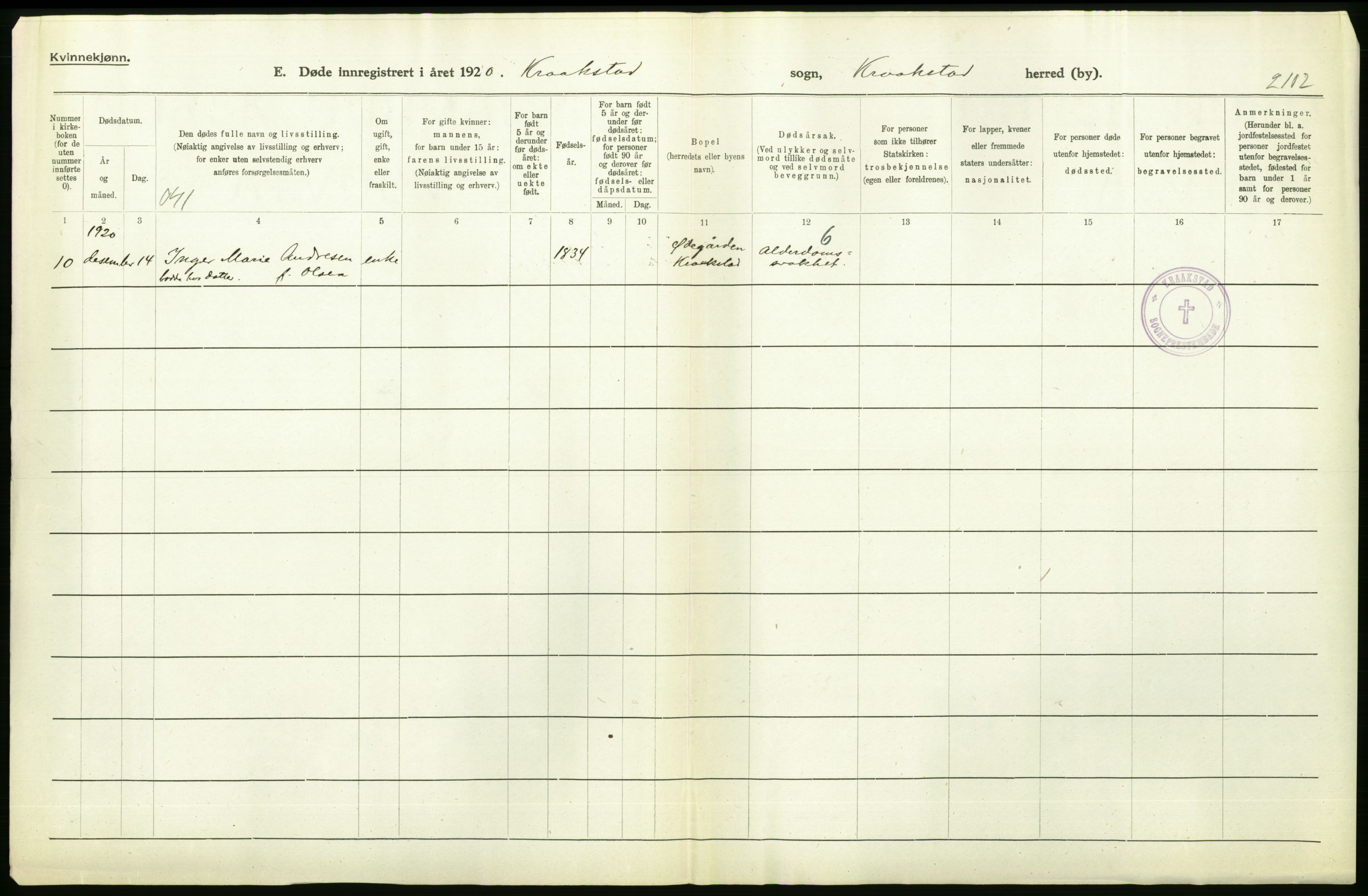 Statistisk sentralbyrå, Sosiodemografiske emner, Befolkning, RA/S-2228/D/Df/Dfb/Dfbj/L0007: Akershus fylke: Døde. Bygder og byer., 1920, p. 258