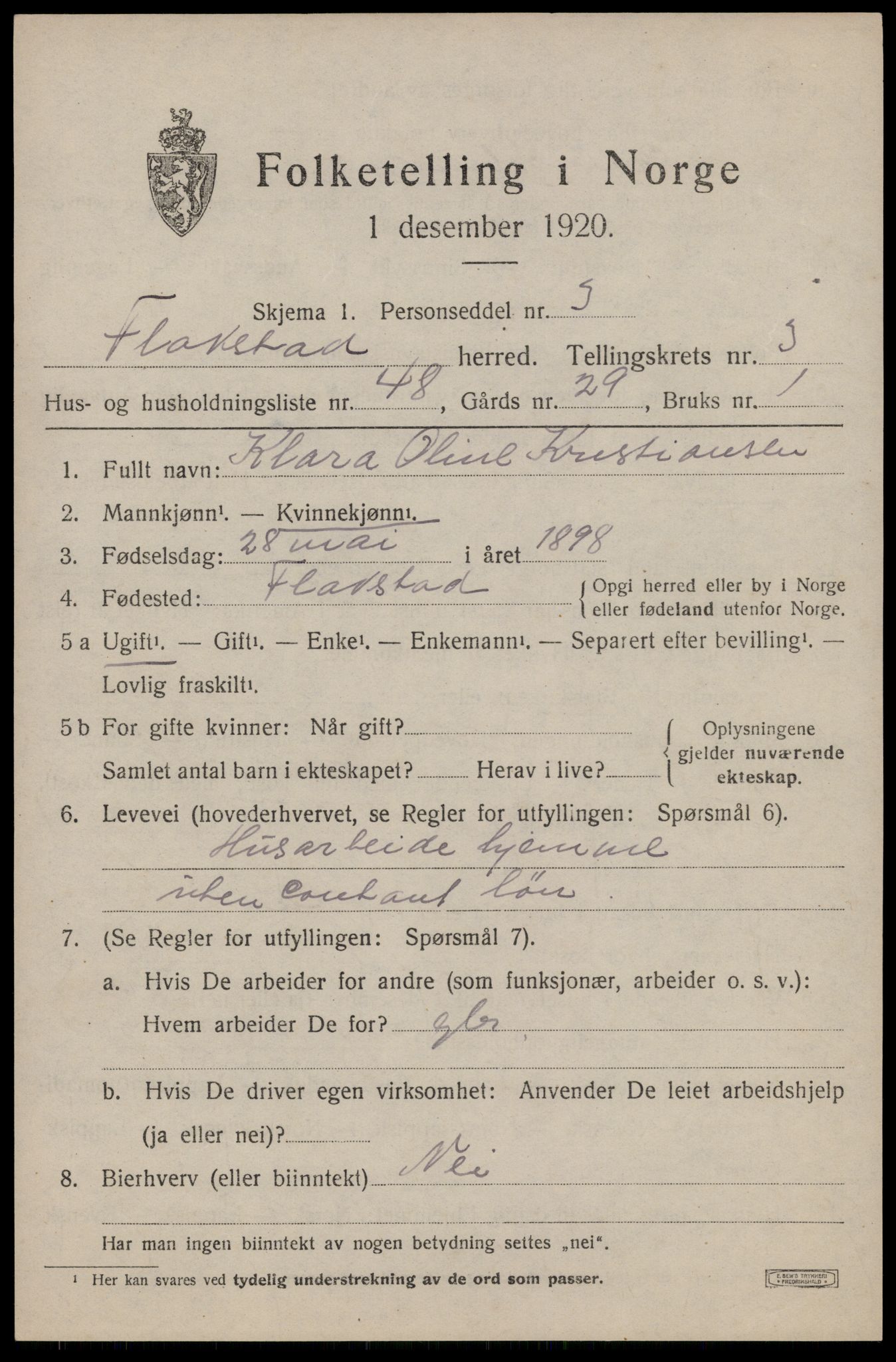 SAT, 1920 census for Flakstad, 1920, p. 2787