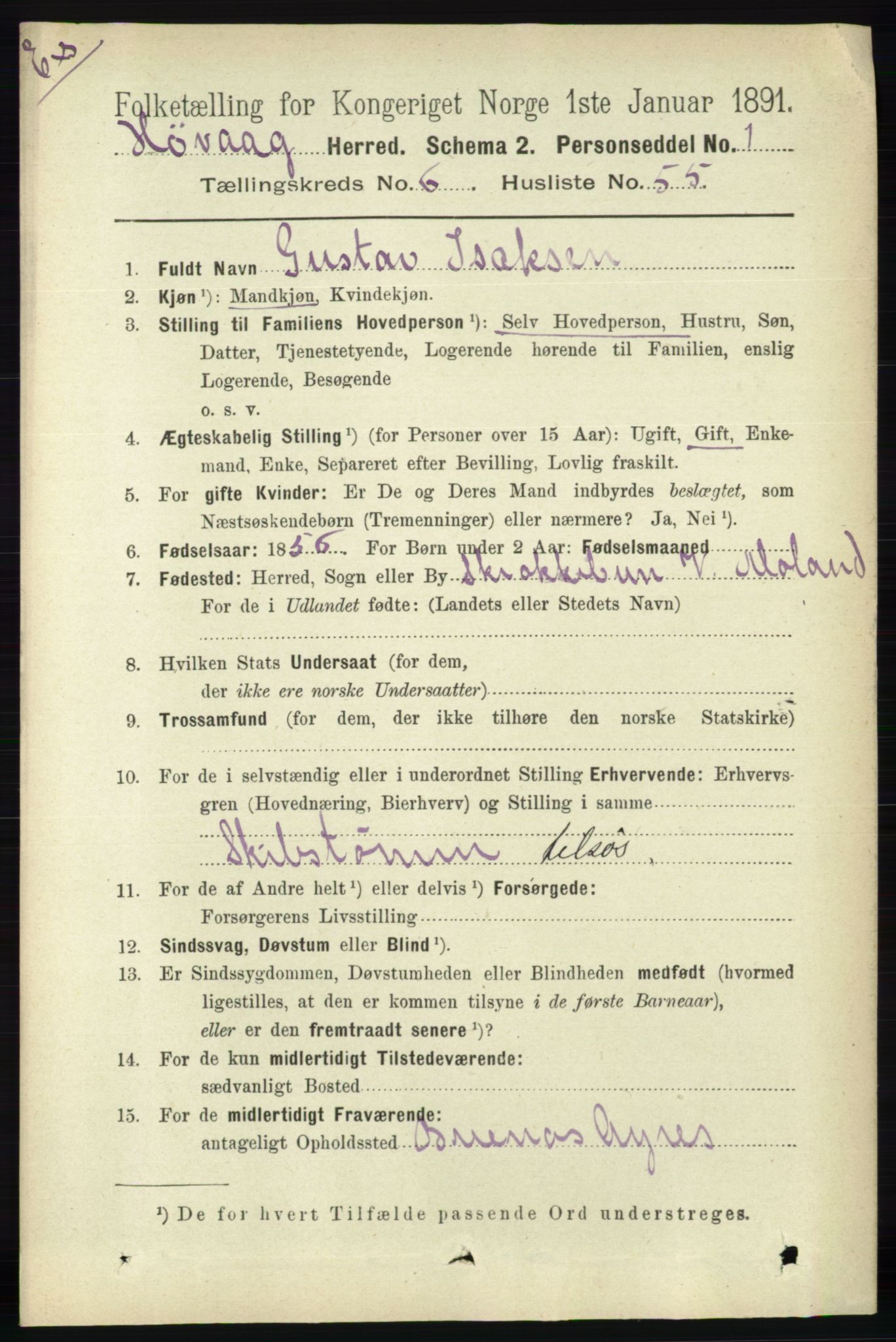 RA, Census 1891 for Nedenes amt: Gjenparter av personsedler for beslektede ektefeller, menn, 1891, p. 877