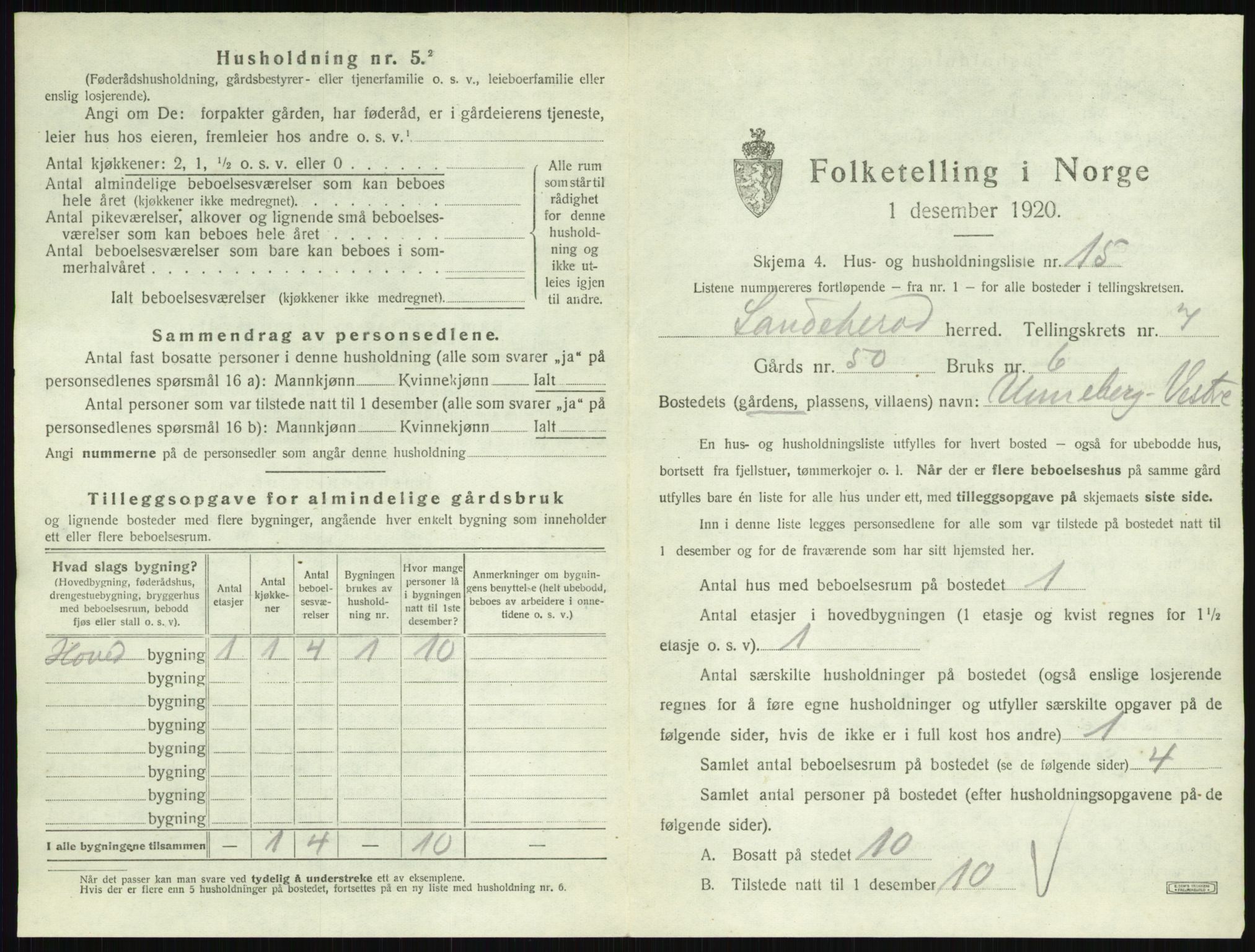 SAKO, 1920 census for Sandeherred, 1920, p. 1487