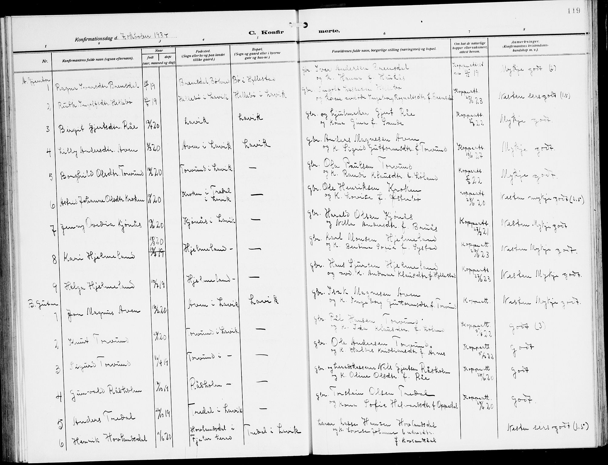 Lavik sokneprestembete, SAB/A-80901: Parish register (copy) no. A 3, 1911-1942, p. 119