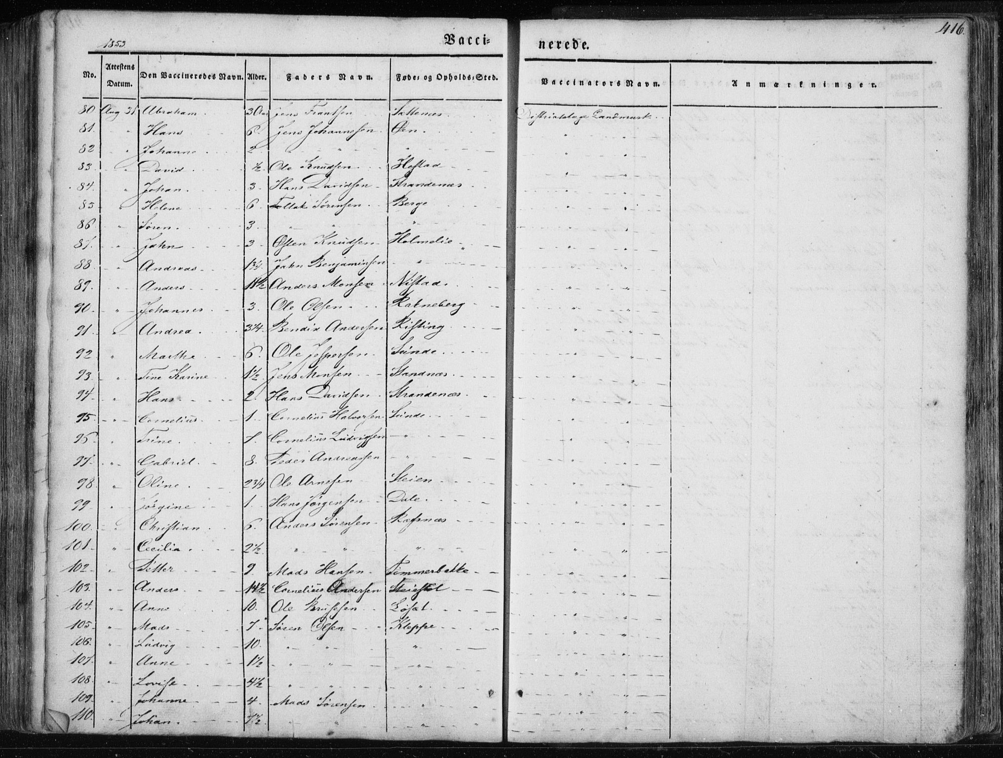 Fjaler sokneprestembete, AV/SAB-A-79801/H/Haa/Haaa/L0006: Parish register (official) no. A 6, 1835-1884, p. 416