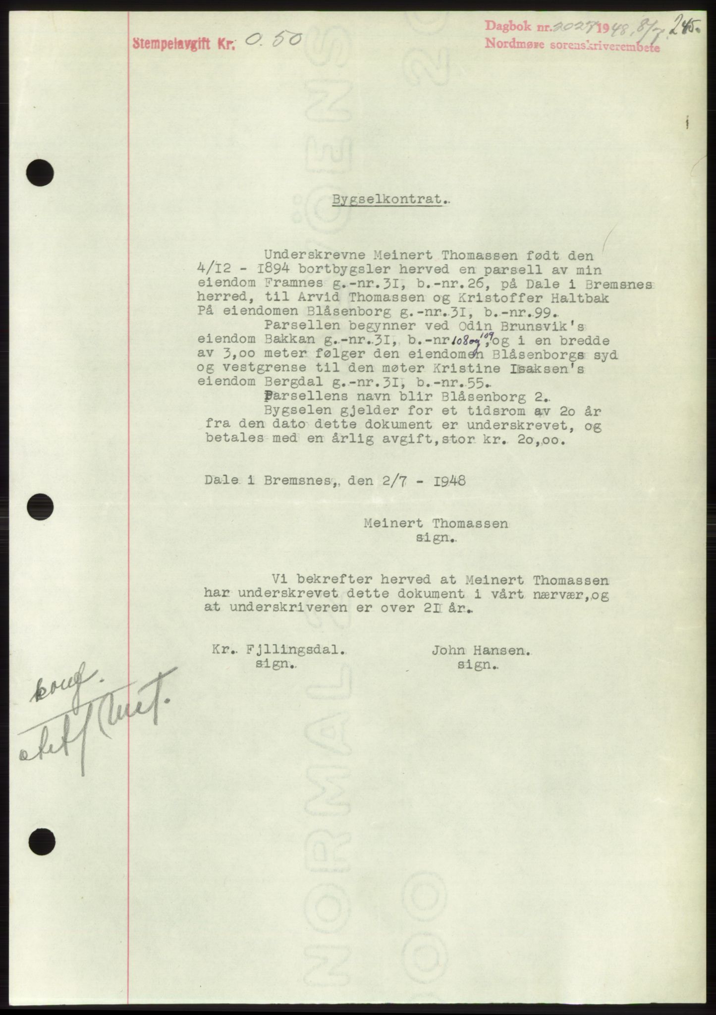 Nordmøre sorenskriveri, AV/SAT-A-4132/1/2/2Ca: Mortgage book no. B99, 1948-1948, Diary no: : 2027/1948