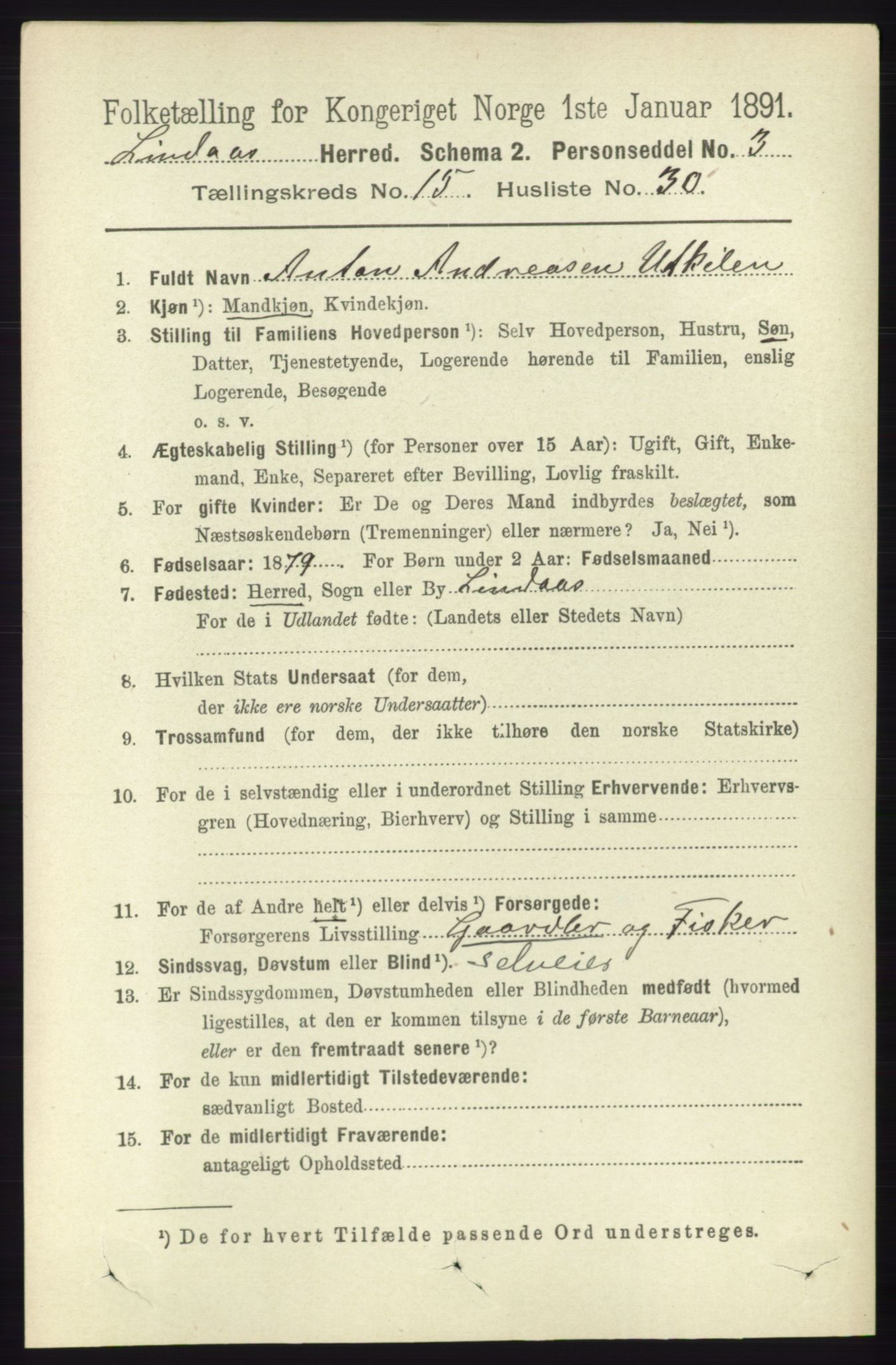 RA, 1891 census for 1263 Lindås, 1891, p. 5457