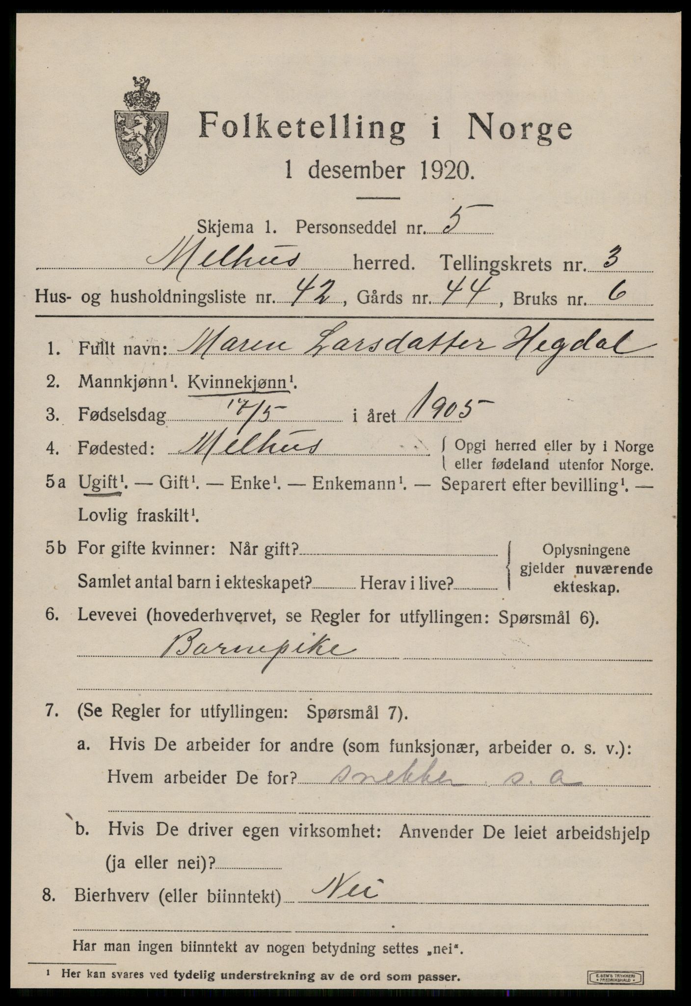 SAT, 1920 census for Melhus, 1920, p. 3169