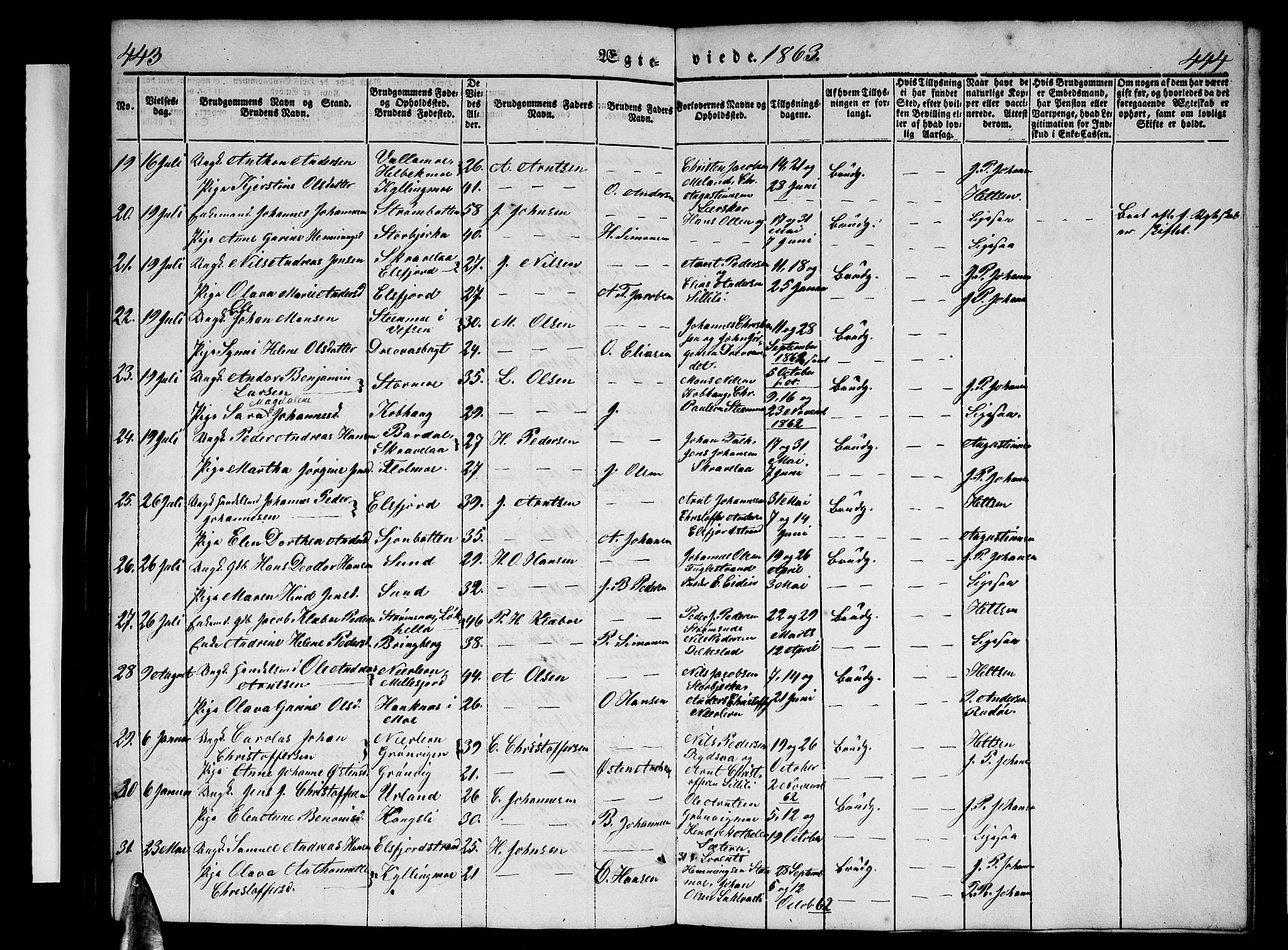 Ministerialprotokoller, klokkerbøker og fødselsregistre - Nordland, AV/SAT-A-1459/825/L0364: Parish register (copy) no. 825C01, 1841-1863, p. 443-444