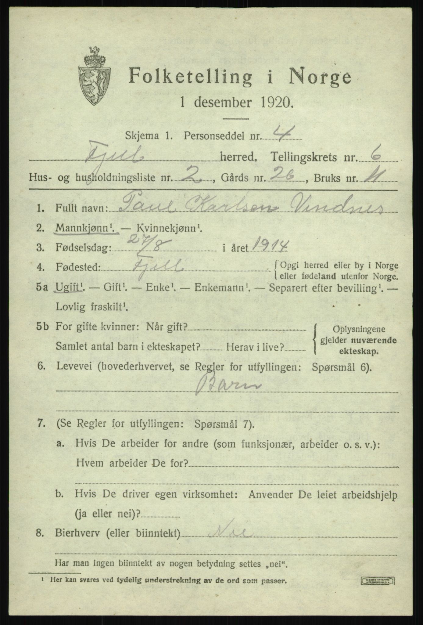 SAB, 1920 census for Fjell, 1920, p. 5228