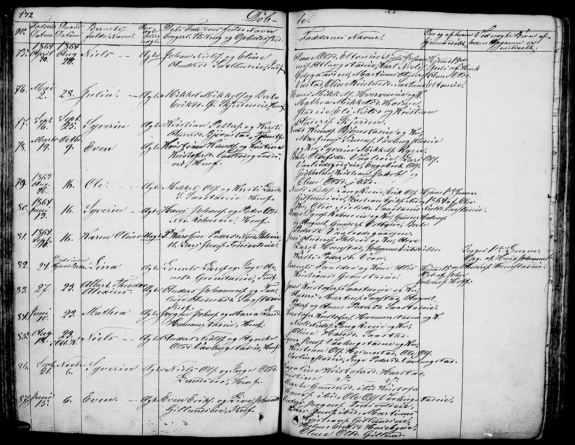 Stange prestekontor, AV/SAH-PREST-002/L/L0003: Parish register (copy) no. 3, 1840-1864, p. 172