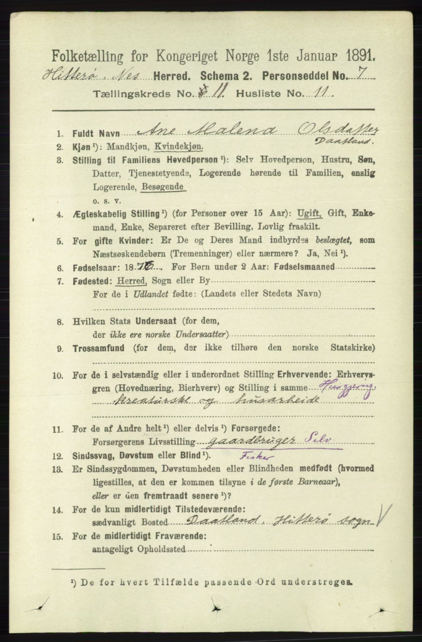 RA, 1891 census for 1043 Hidra og Nes, 1891, p. 4524