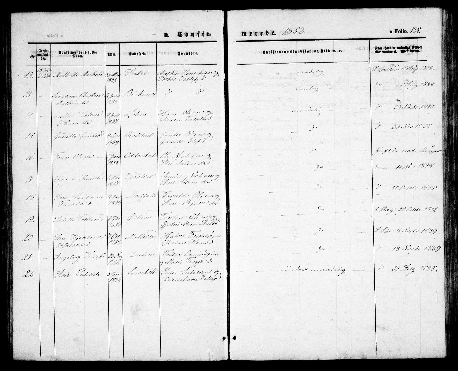 Birkenes sokneprestkontor, SAK/1111-0004/F/Fb/L0002: Parish register (copy) no. B 2, 1849-1876, p. 185