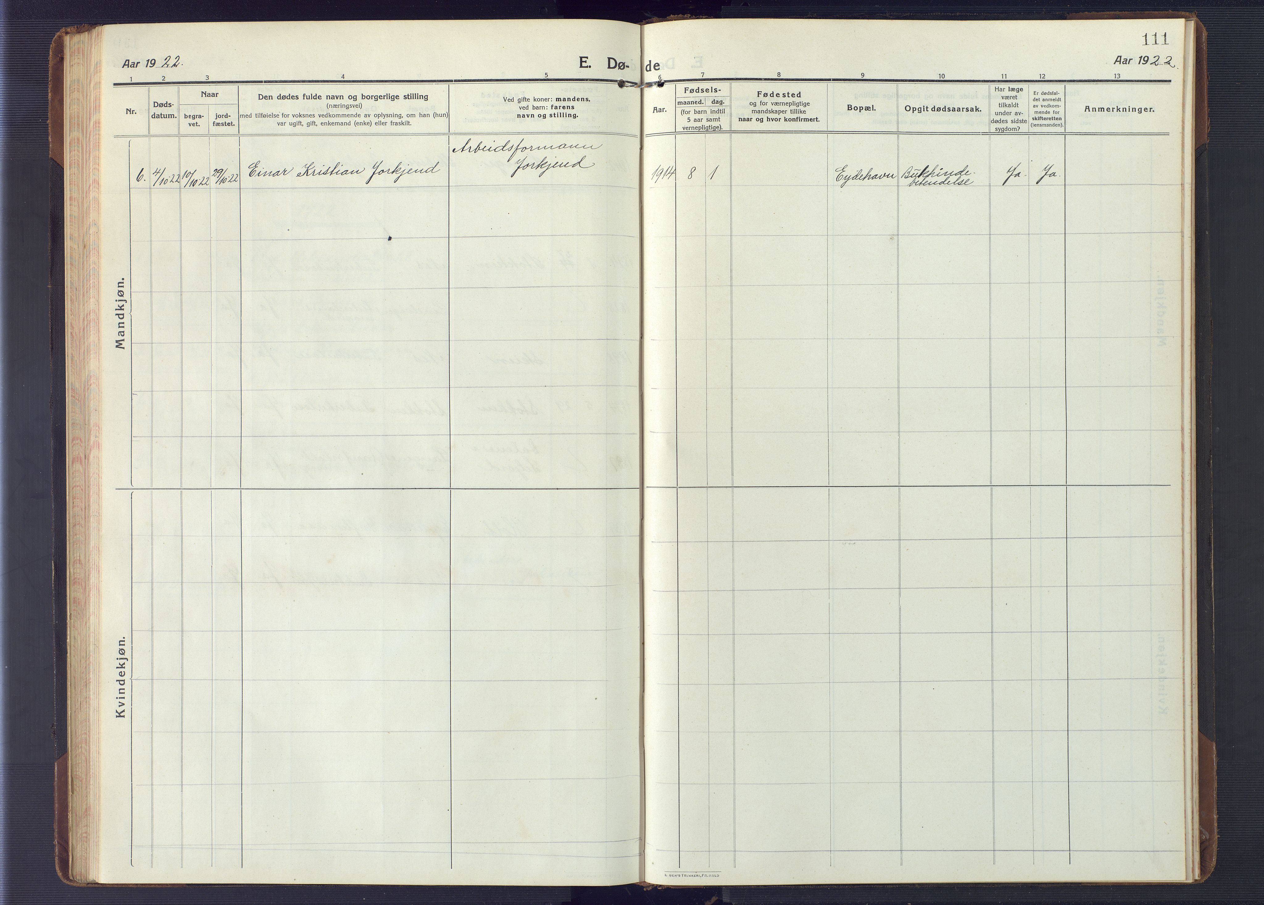 Austre Moland sokneprestkontor, AV/SAK-1111-0001/F/Fb/Fbb/L0004: Parish register (copy) no. B 4, 1914-1929, p. 111