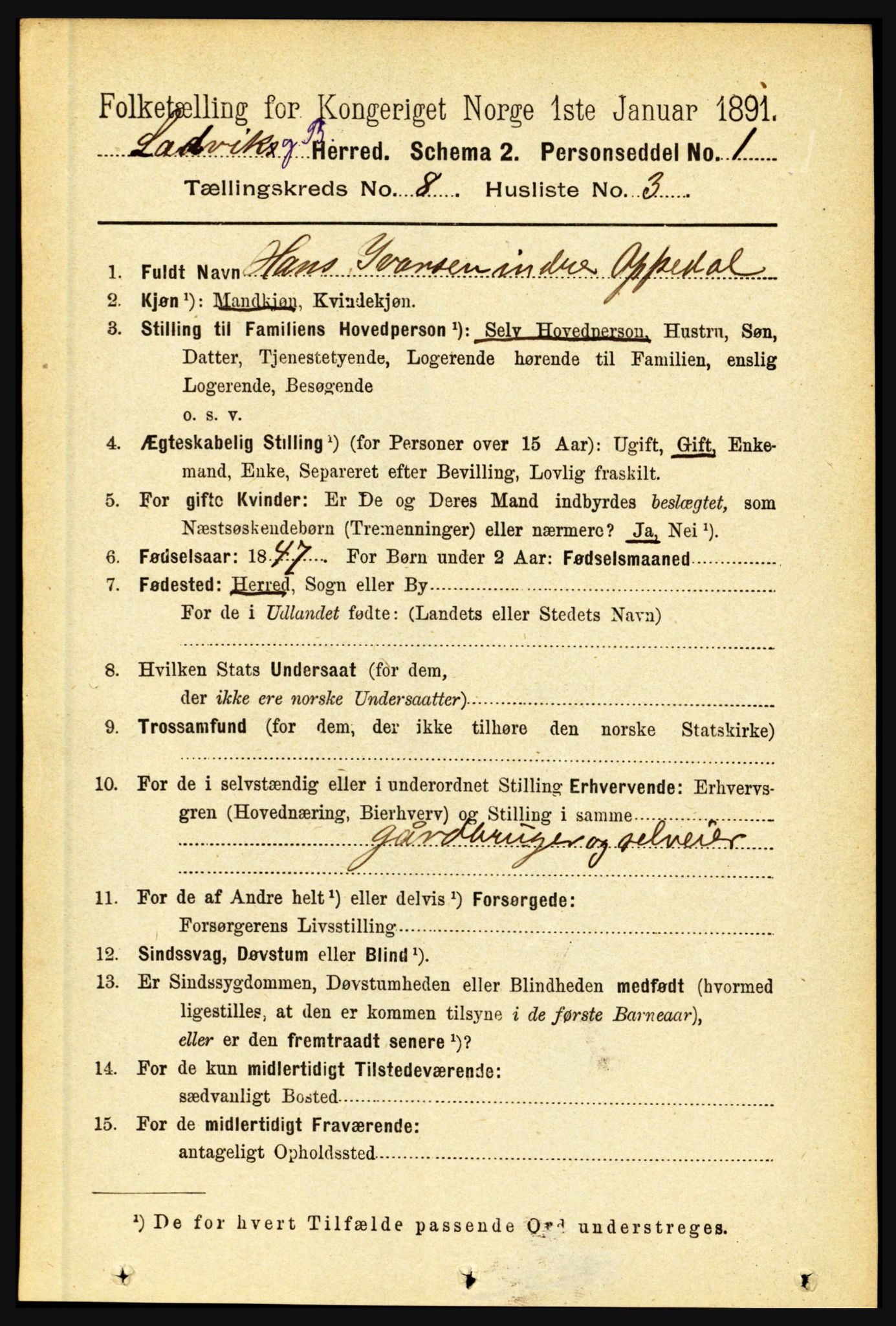 RA, 1891 census for 1415 Lavik og Brekke, 1891, p. 1508