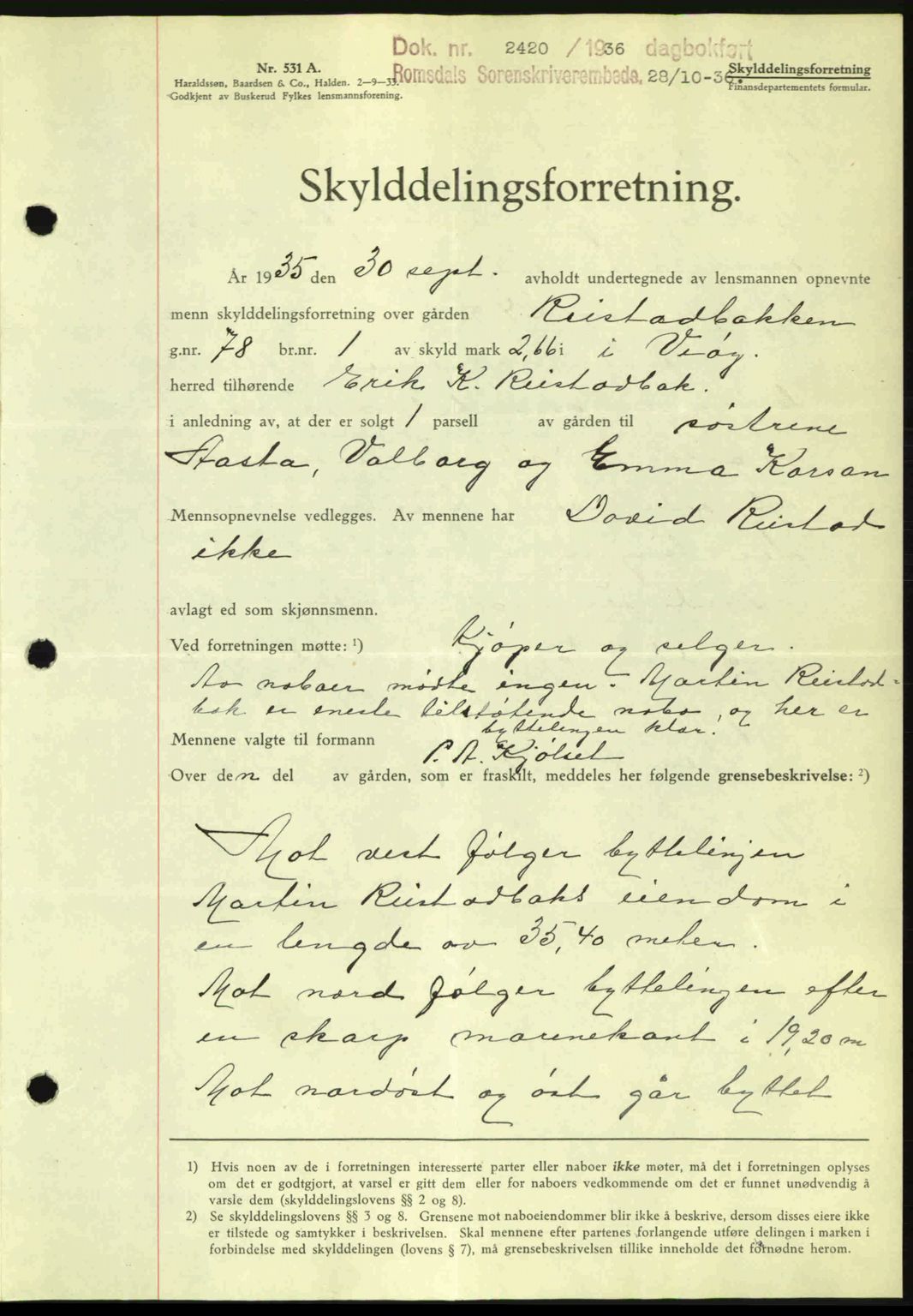 Romsdal sorenskriveri, SAT/A-4149/1/2/2C: Mortgage book no. A2, 1936-1937, Diary no: : 2420/1936
