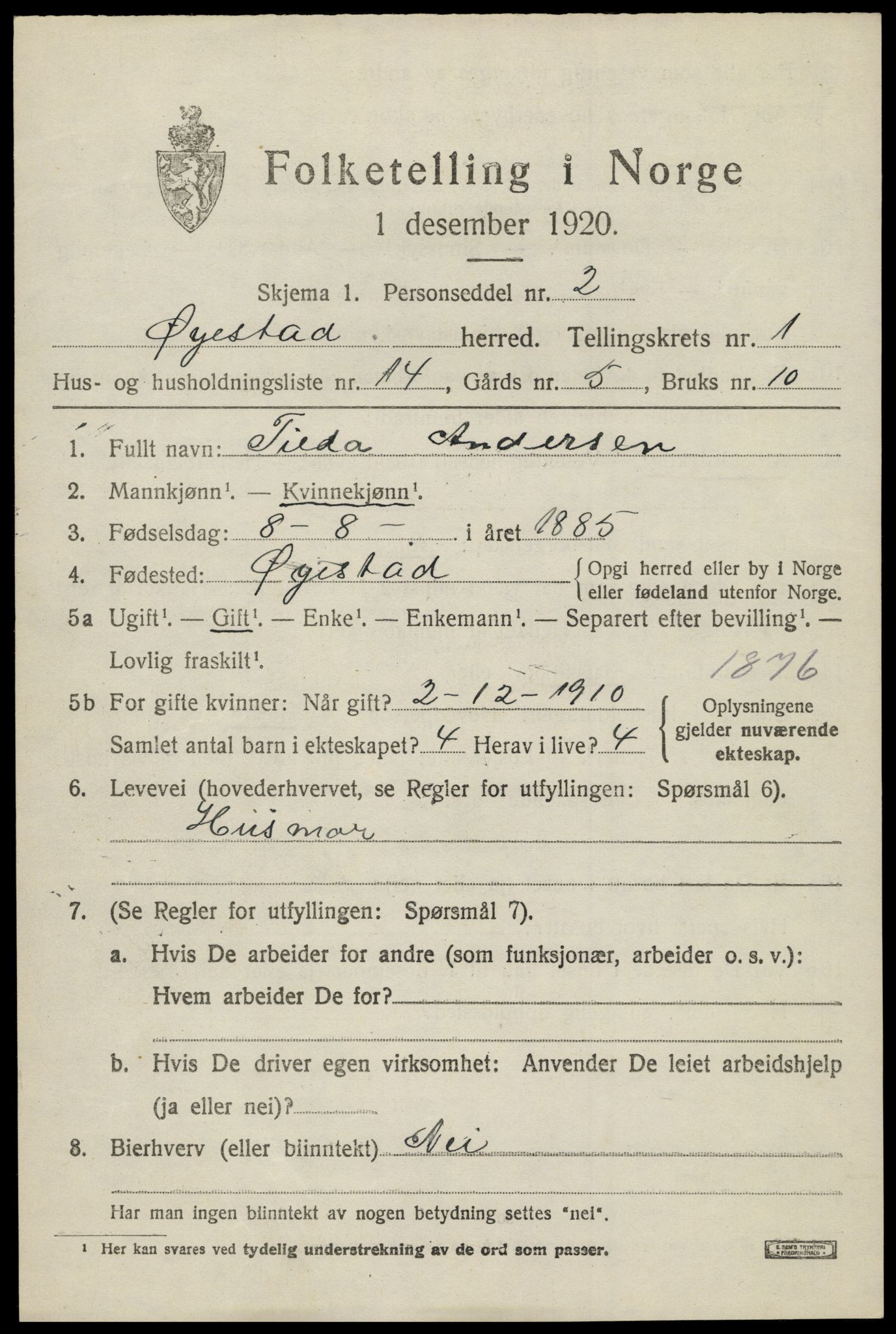 SAK, 1920 census for Øyestad, 1920, p. 1974