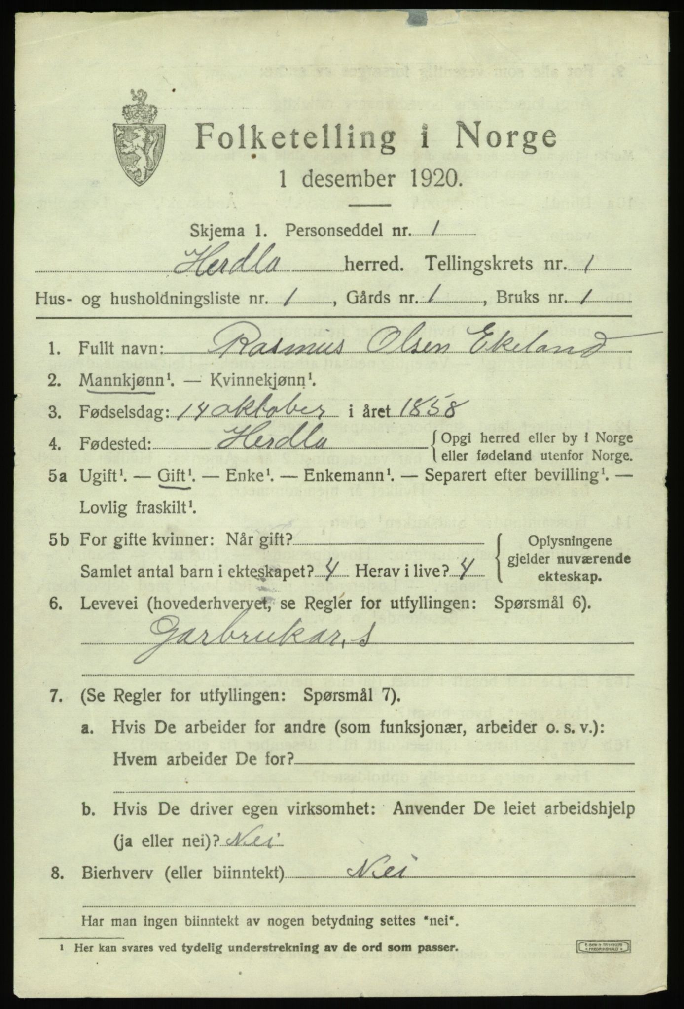 SAB, 1920 census for Herdla, 1920, p. 1357