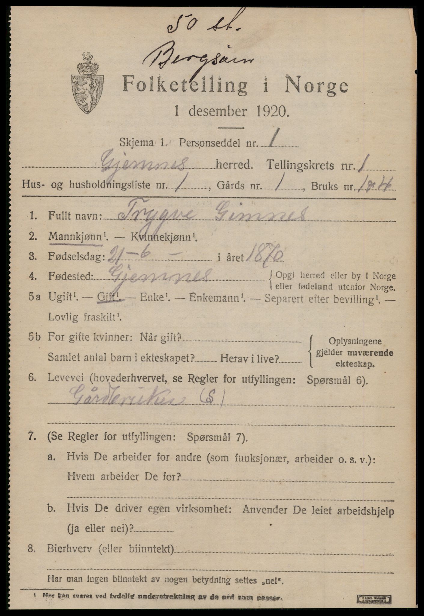 SAT, 1920 census for Gjemnes, 1920, p. 322