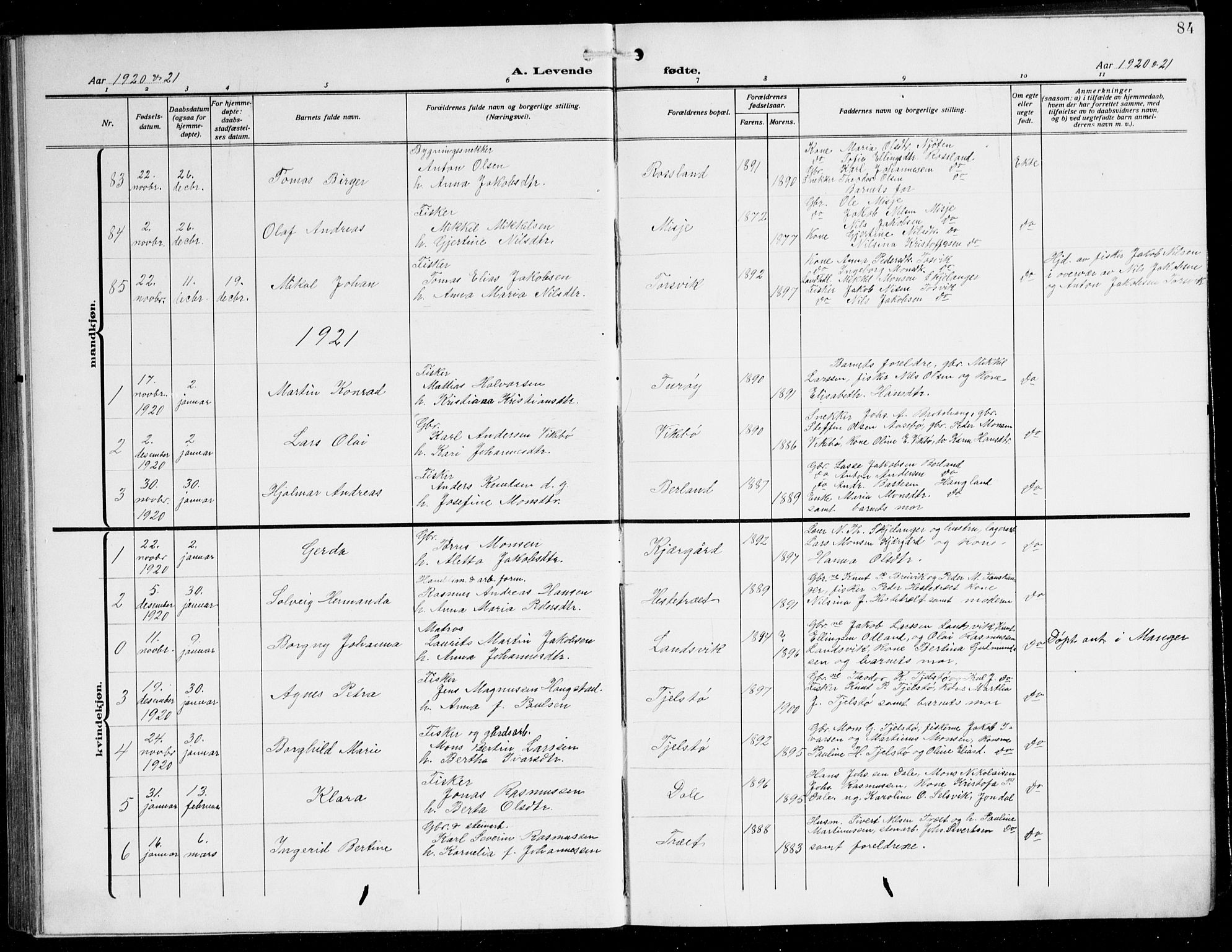 Herdla Sokneprestembete, AV/SAB-A-75701/H/Hab: Parish register (copy) no. C 2, 1913-1926, p. 84