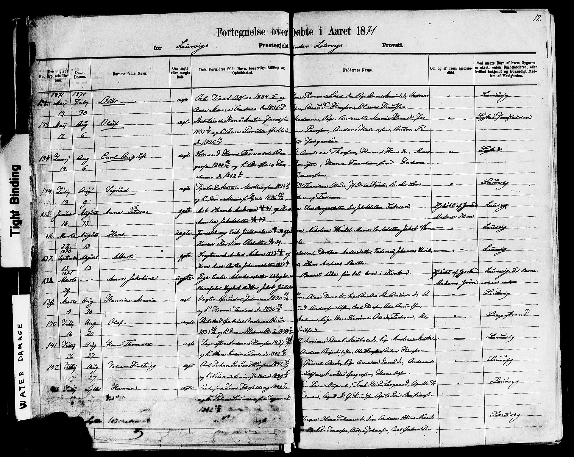 Larvik kirkebøker, SAKO/A-352/F/Fa/L0006: Parish register (official) no. I 6, 1871-1883, p. 12