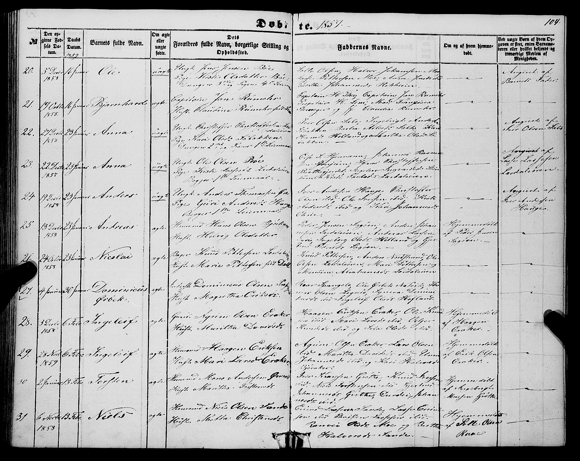 Lærdal sokneprestembete, SAB/A-81201: Parish register (official) no. A 11, 1850-1866, p. 104