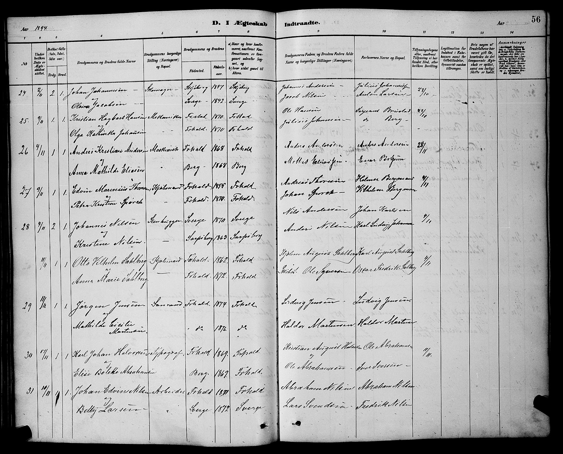 Halden prestekontor Kirkebøker, AV/SAO-A-10909/G/Ga/L0009: Parish register (copy) no. 9, 1885-1908, p. 56