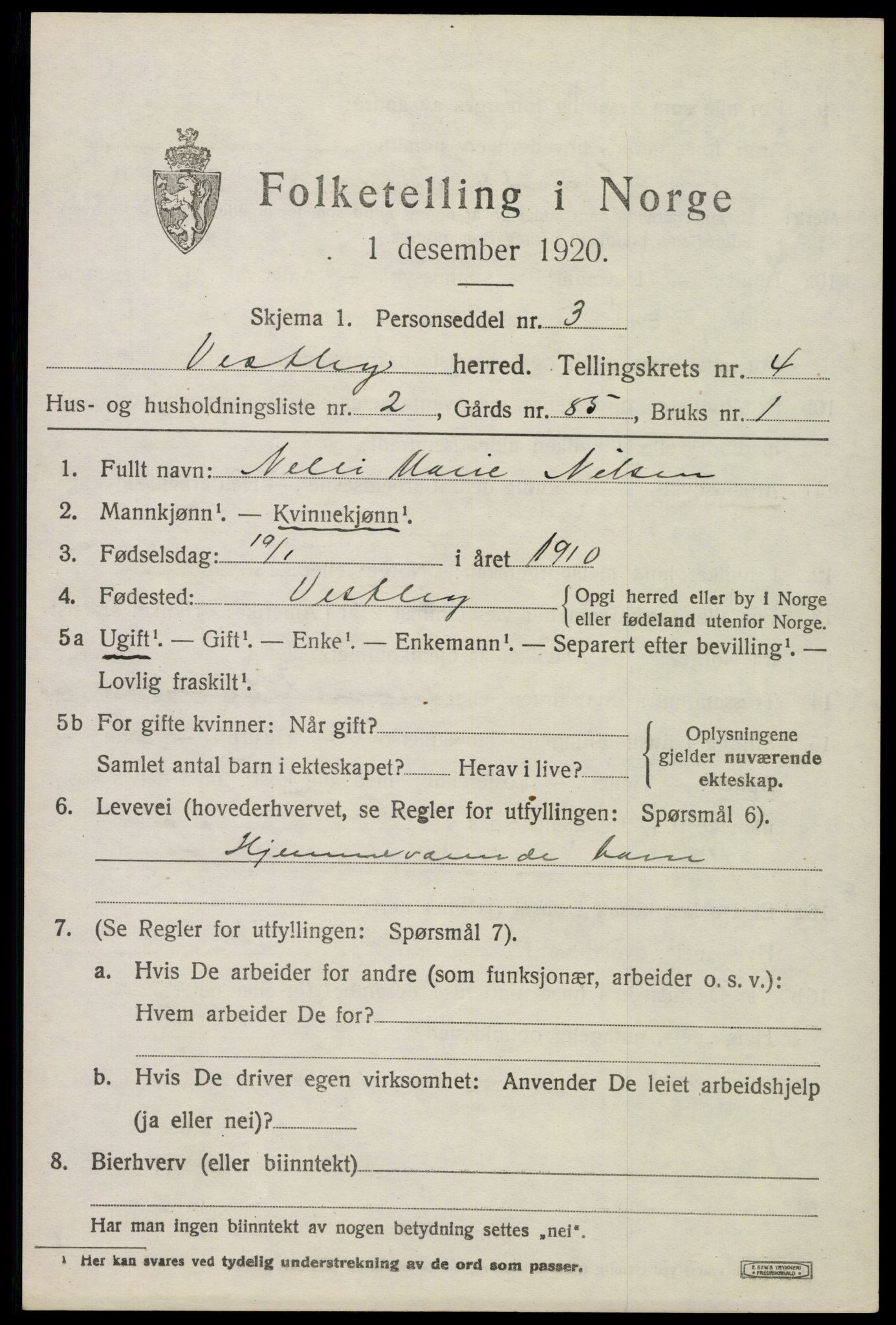 SAO, 1920 census for Vestby, 1920, p. 4479