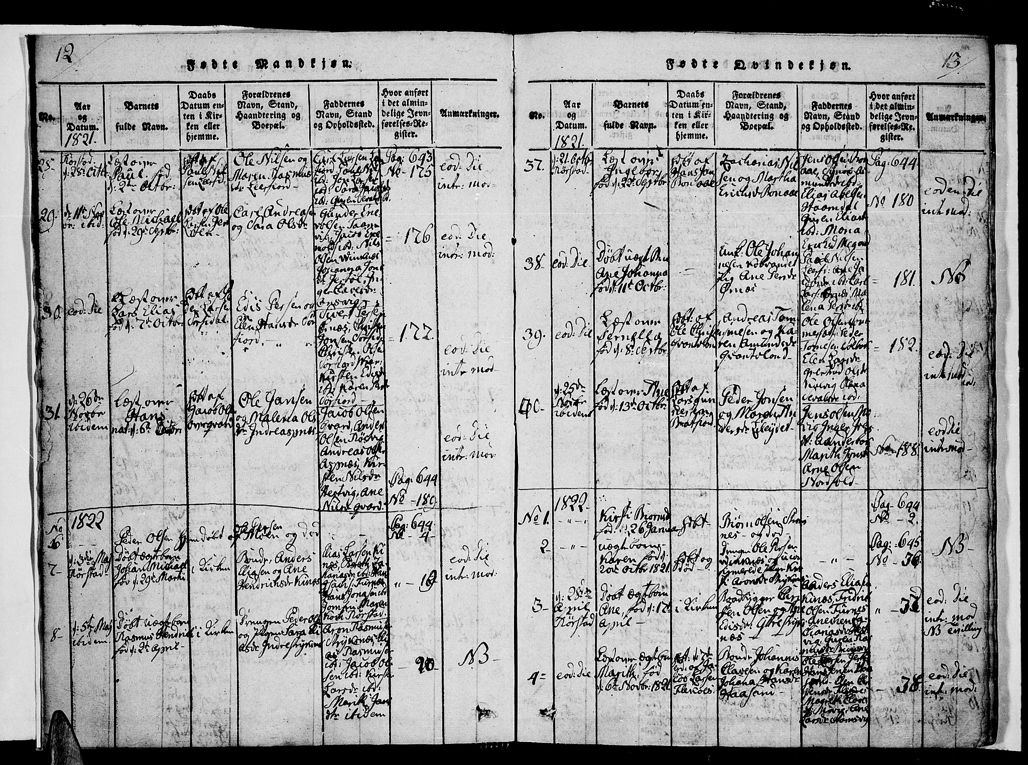 Ministerialprotokoller, klokkerbøker og fødselsregistre - Nordland, AV/SAT-A-1459/853/L0768: Parish register (official) no. 853A07, 1821-1836, p. 12-13