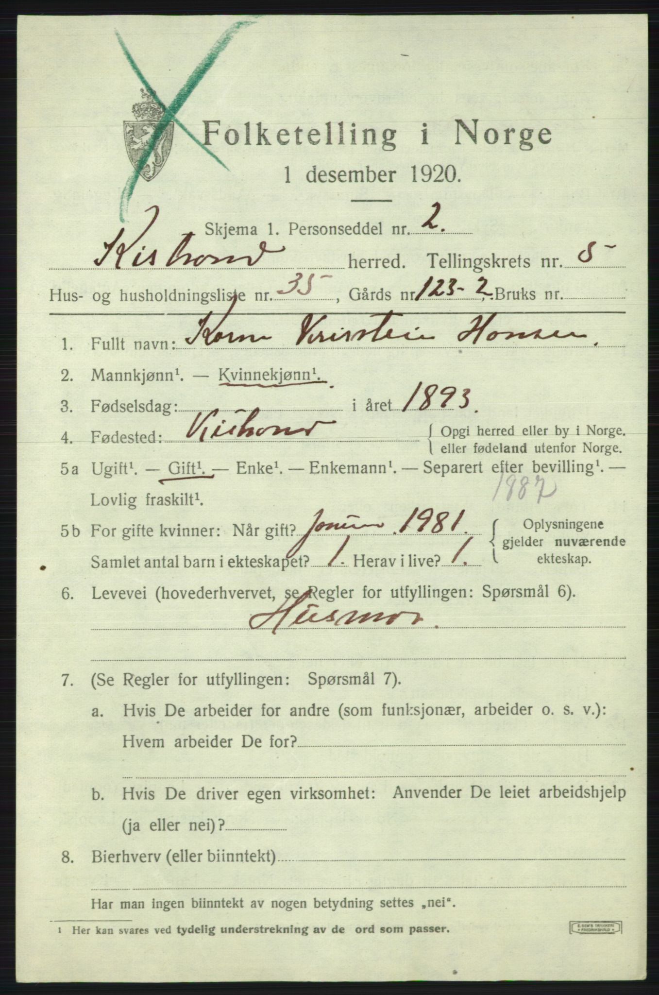 SATØ, 1920 census for Kistrand, 1920, p. 3486