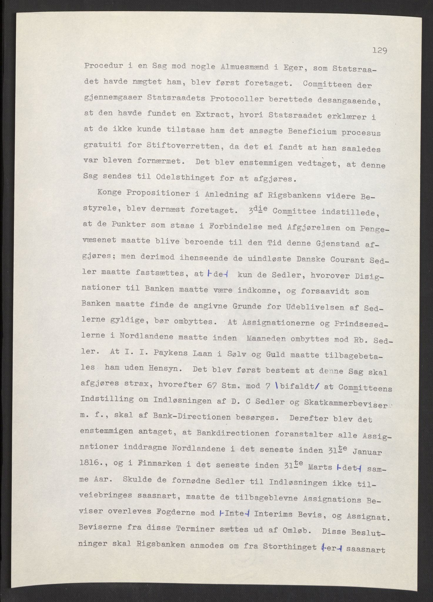 Manuskriptsamlingen, AV/RA-EA-3667/F/L0197: Wetlesen, Hans Jørgen (stortingsmann, ingeniørkaptein); Referat fra Stortinget 1815-1816, 1815-1816, p. 129