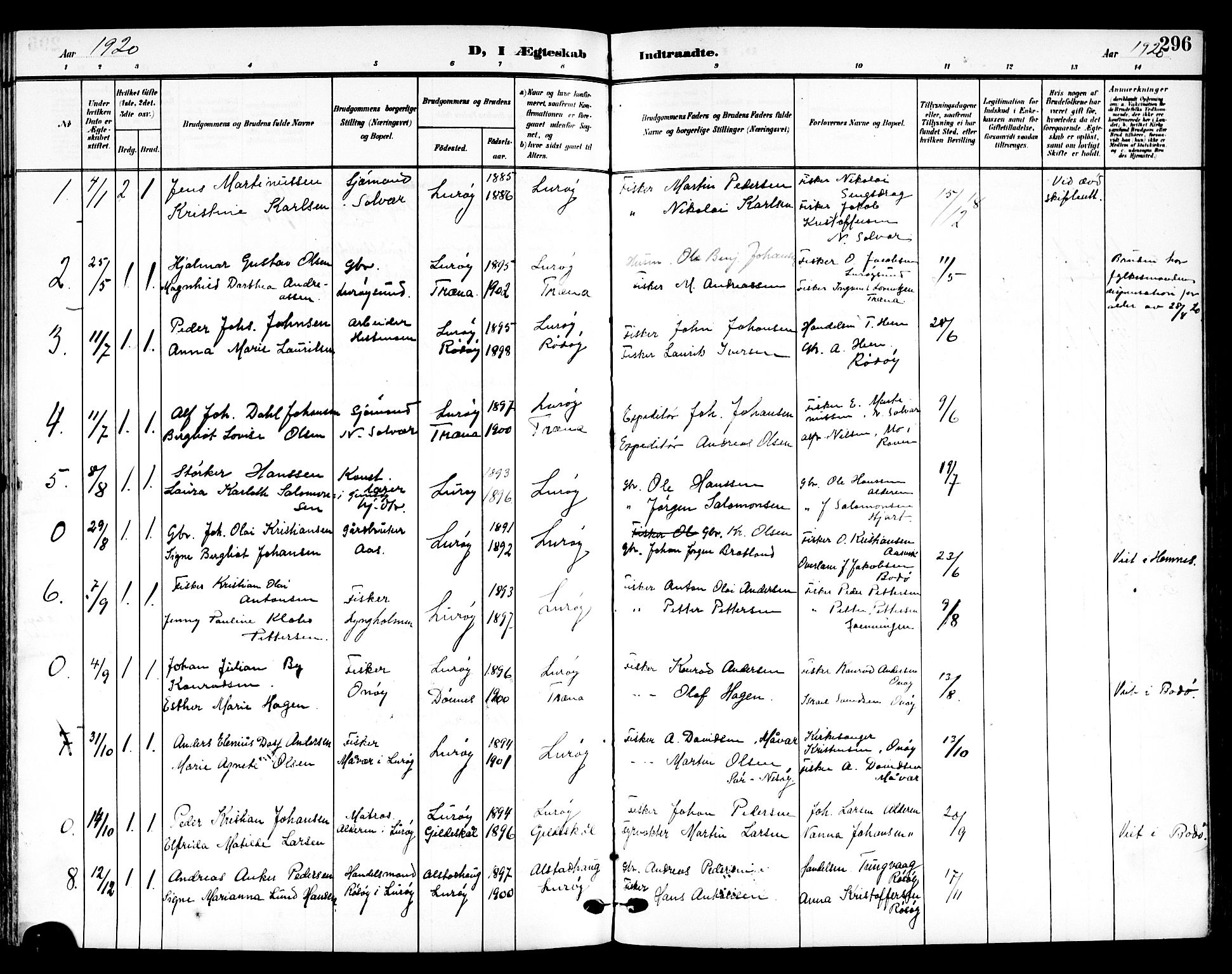 Ministerialprotokoller, klokkerbøker og fødselsregistre - Nordland, SAT/A-1459/839/L0569: Parish register (official) no. 839A06, 1903-1922, p. 296