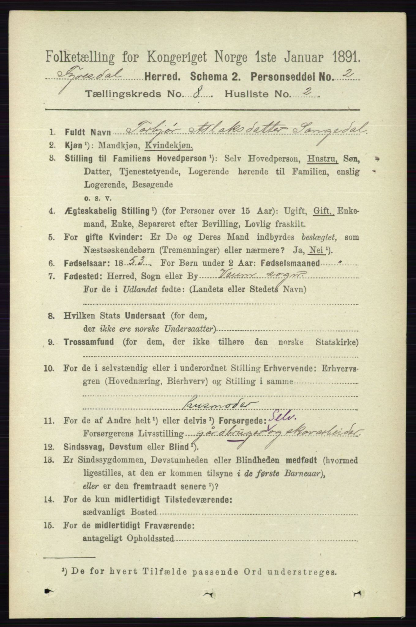 RA, 1891 census for 0831 Fyresdal, 1891, p. 2180