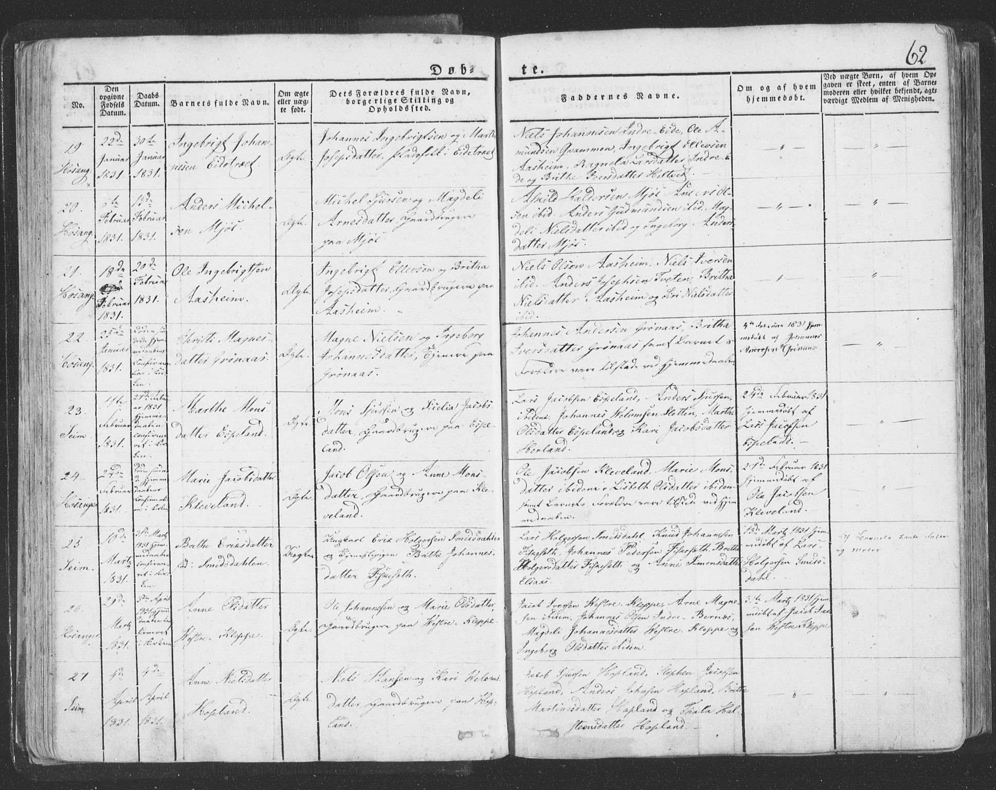 Hosanger sokneprestembete, AV/SAB-A-75801/H/Haa: Parish register (official) no. A 6, 1824-1835, p. 62