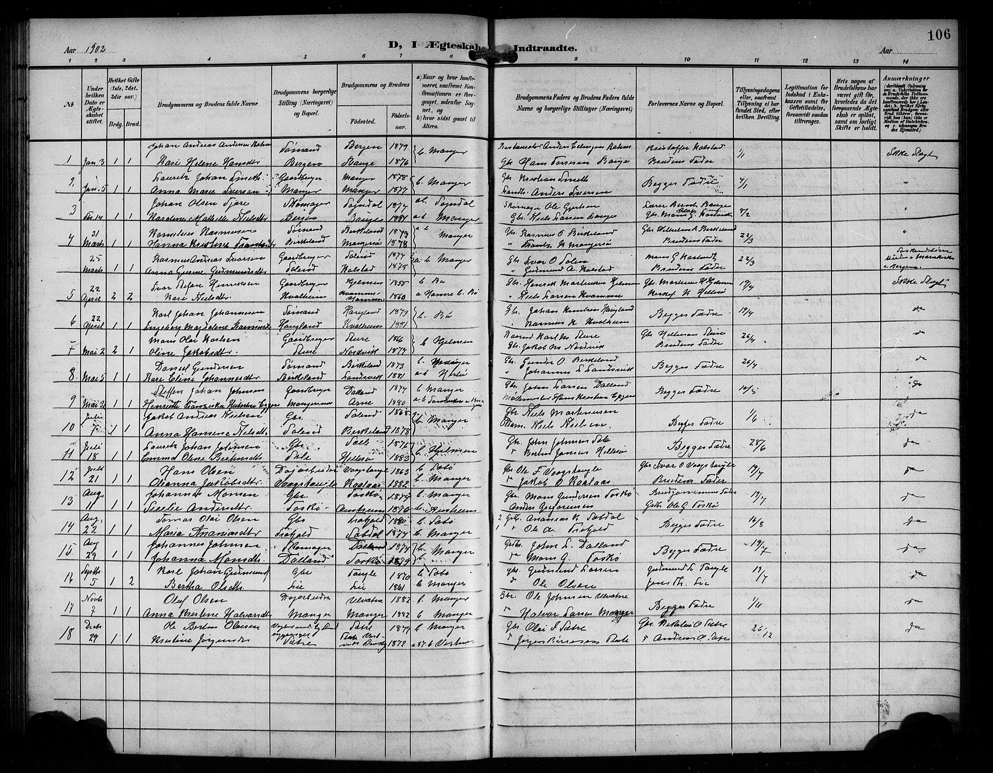 Manger sokneprestembete, SAB/A-76801/H/Hab: Parish register (copy) no. A 2, 1902-1923, p. 106