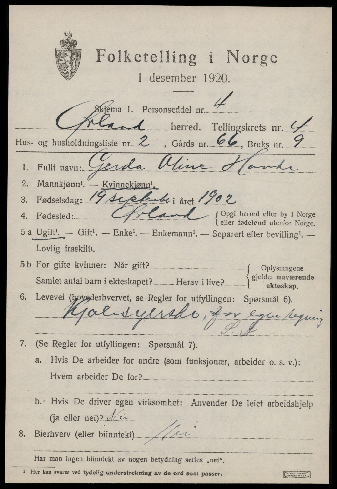 SAT, 1920 census for Ørland, 1920, p. 3403