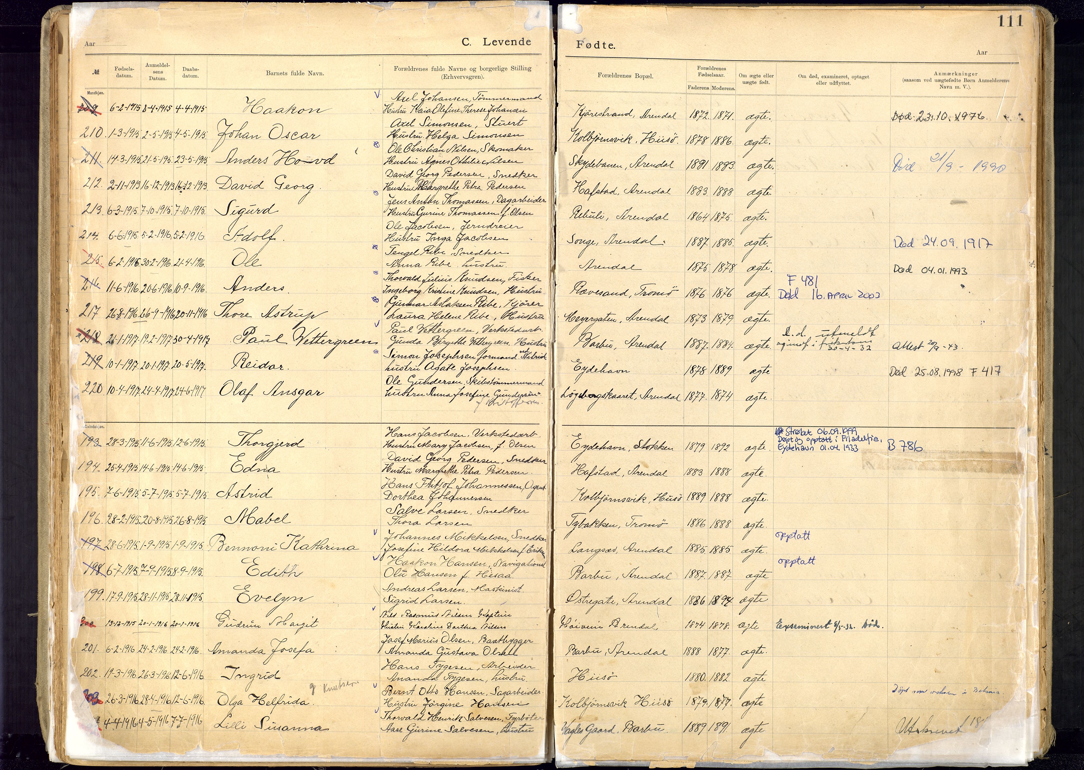 Metodistmenigheten, Arendal, AV/SAK-1292-0011/F/Fa/L0005: Dissenter register no. 5, 1892-1942, p. 111