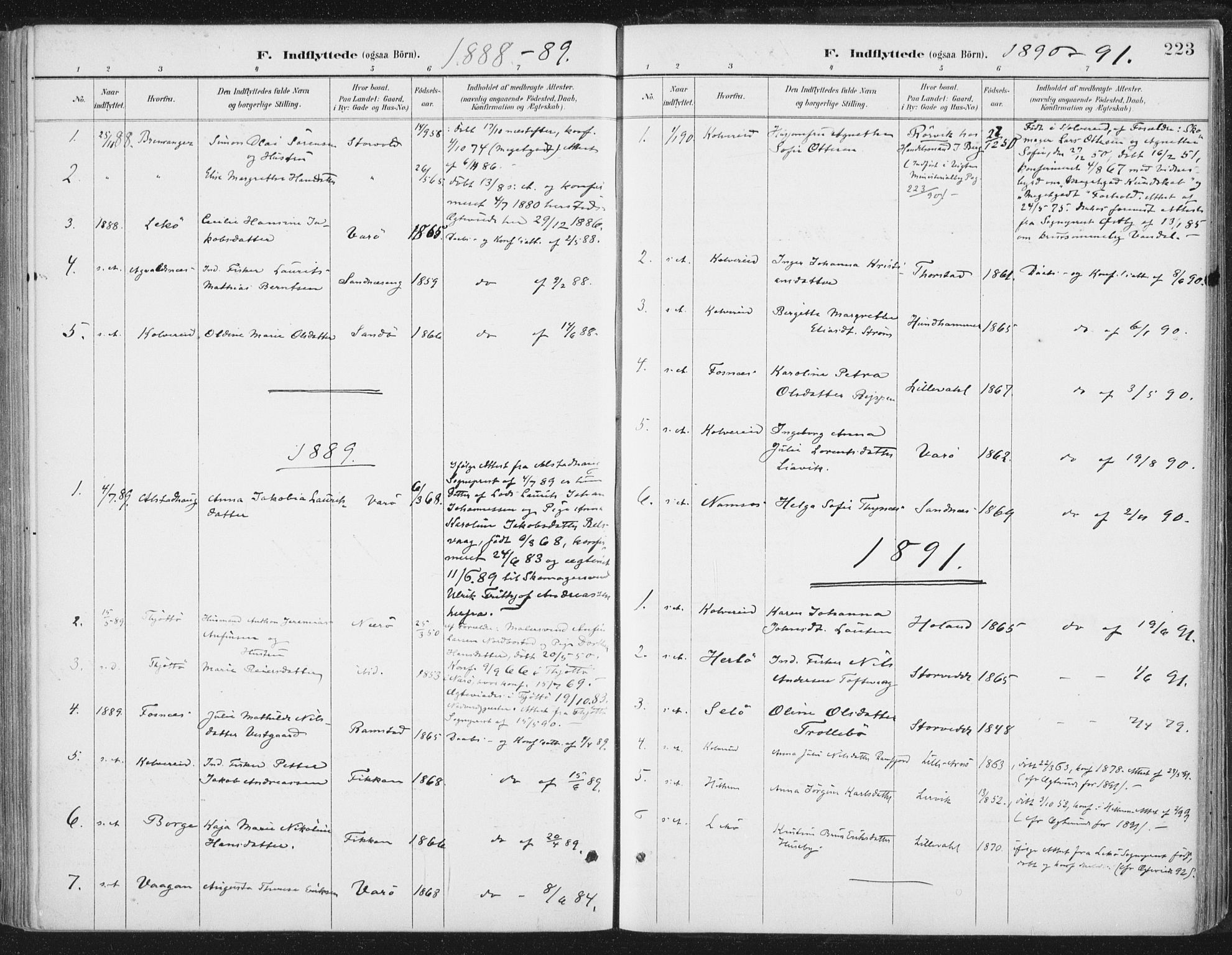 Ministerialprotokoller, klokkerbøker og fødselsregistre - Nord-Trøndelag, SAT/A-1458/784/L0673: Parish register (official) no. 784A08, 1888-1899, p. 223