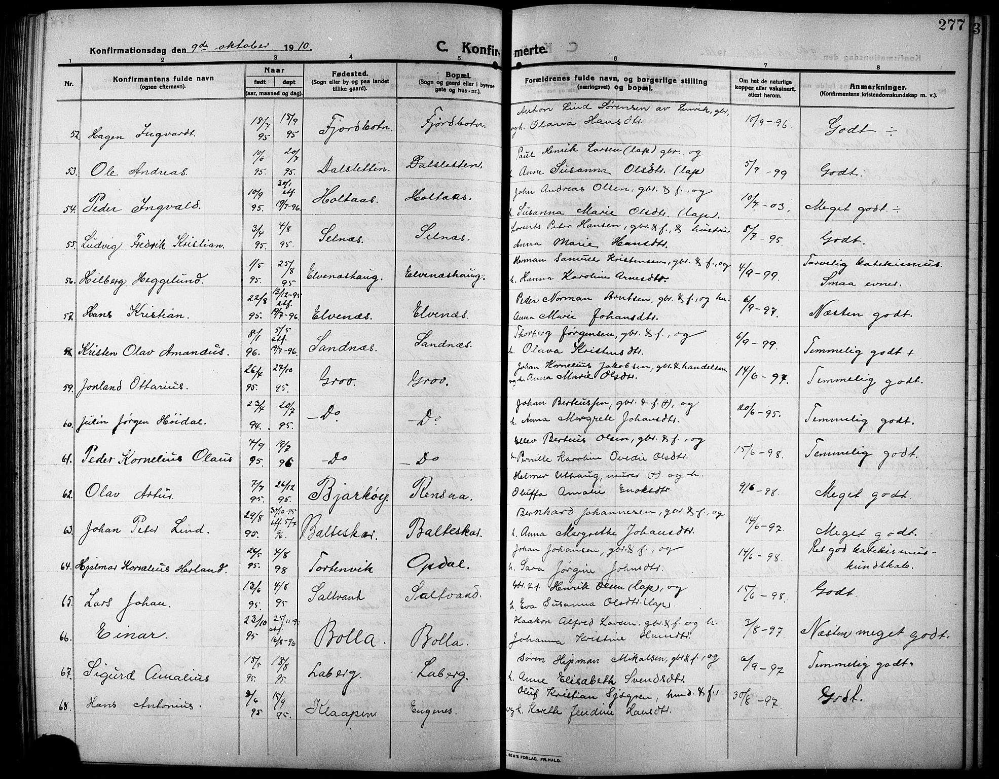 Ibestad sokneprestembete, SATØ/S-0077/H/Ha/Hab/L0009klokker: Parish register (copy) no. 9, 1902-1914, p. 277