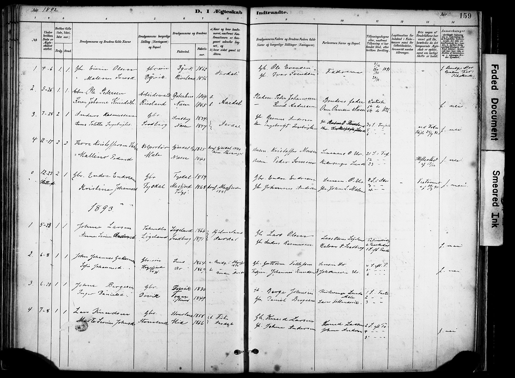 Hjelmeland sokneprestkontor, AV/SAST-A-101843/02/A/L0001: Parish register (official) no. A 16, 1887-1926, p. 159