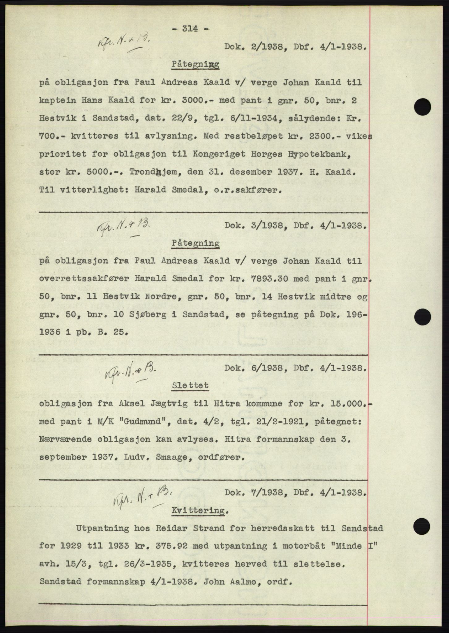 Hitra sorenskriveri, AV/SAT-A-0018/2/2C/2Ca: Mortgage book no. C1, 1936-1945, Diary no: : 2/1938