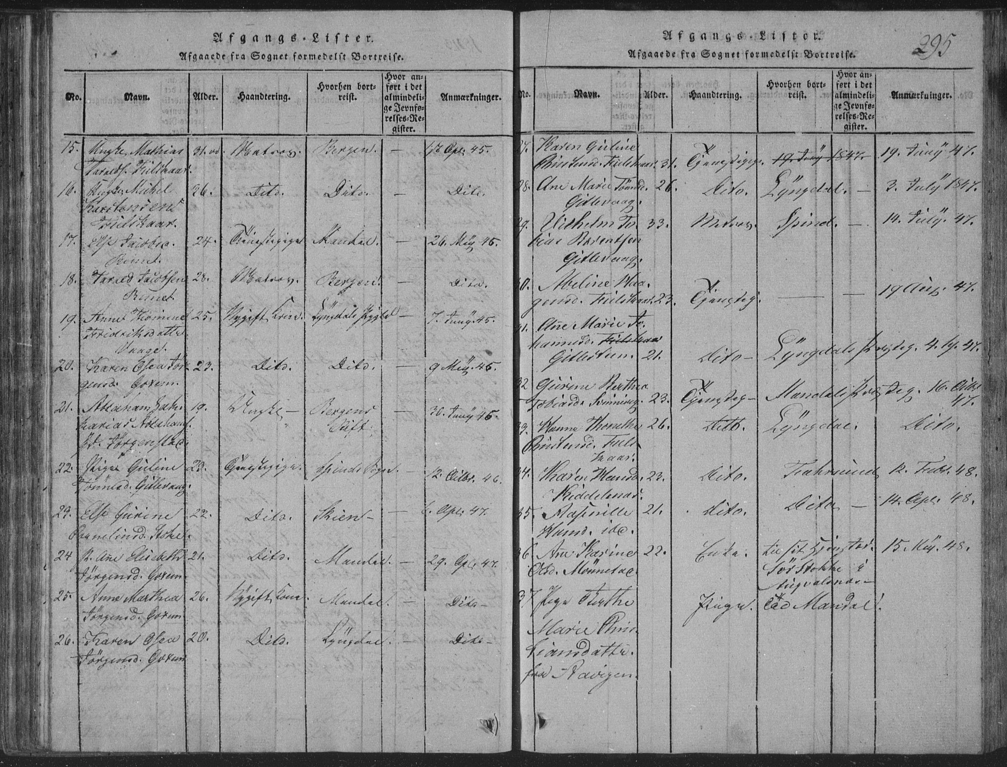Sør-Audnedal sokneprestkontor, SAK/1111-0039/F/Fb/Fba/L0001: Parish register (copy) no. B 1, 1815-1850, p. 295