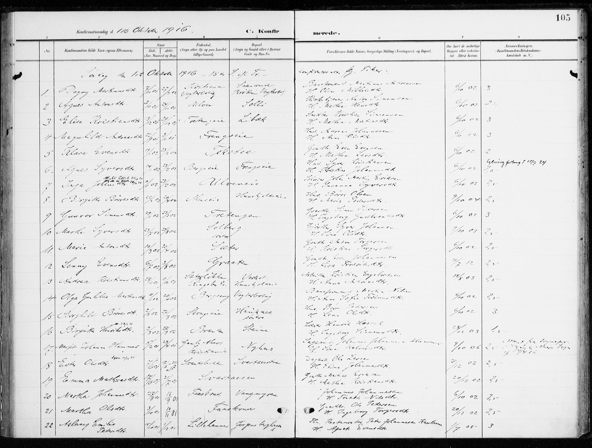 Ringsaker prestekontor, AV/SAH-PREST-014/K/Ka/L0021: Parish register (official) no. 21, 1905-1920, p. 105